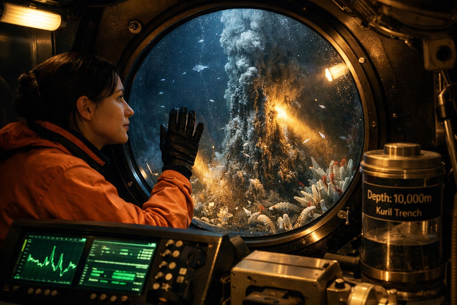 Pessoa numa cabine subaquática observa erupção vulcânica no fundo do mar a 10.000 metros na Fossa de Kuril.