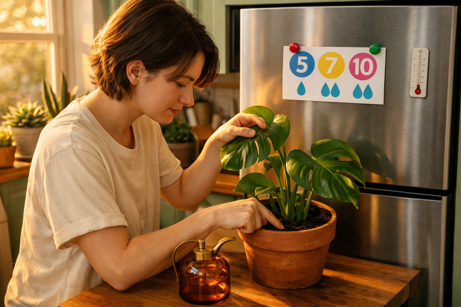 Mulher a cuidar de planta num vaso de barro numa cozinha iluminada, com cartão de rega na frigorífico.