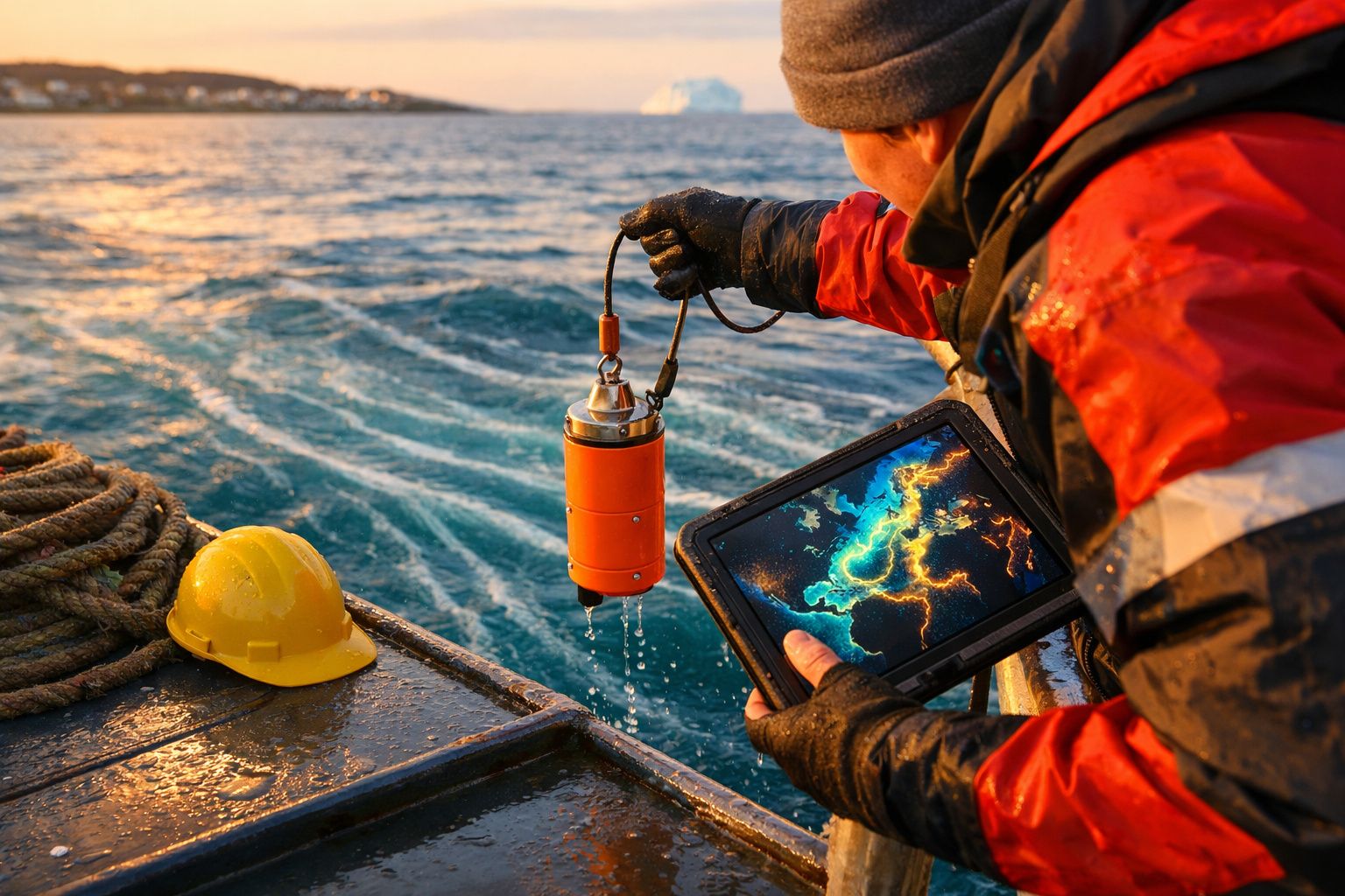 Pessoa com roupa de proteção a recolher equipamento laranja do mar, segurando um tablet com imagens marítimas.