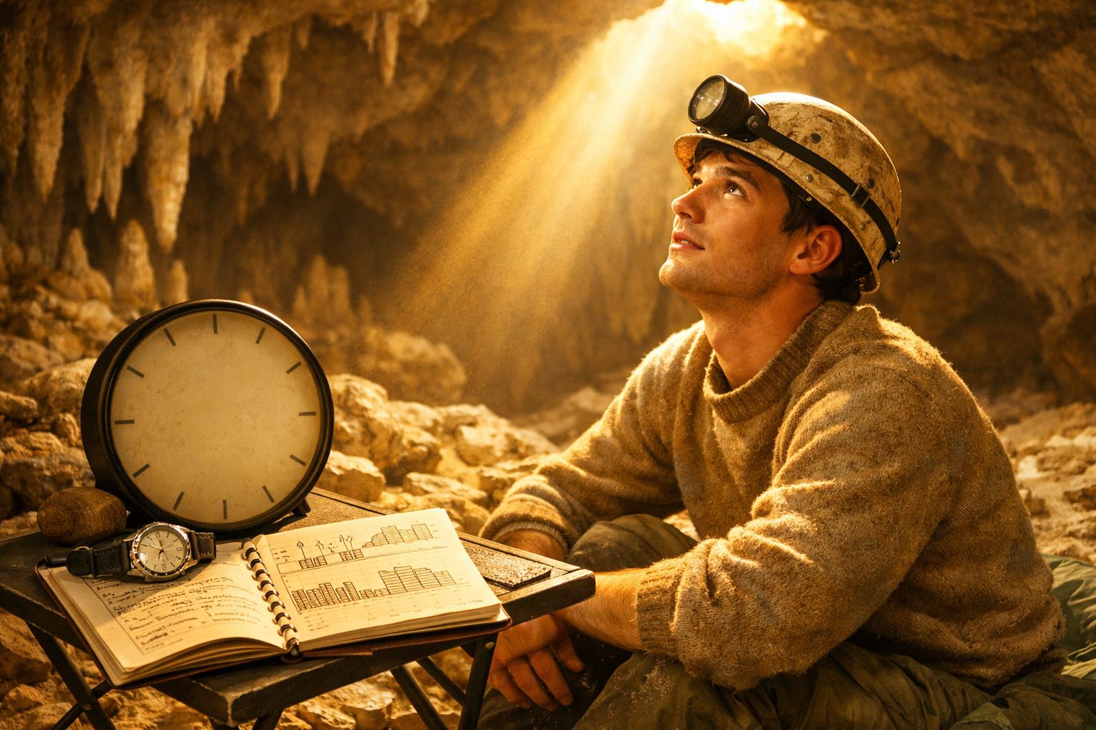 Homem com capacete e lanterna numa gruta, olhando para cima, com relógios e caderno de notas à sua frente.