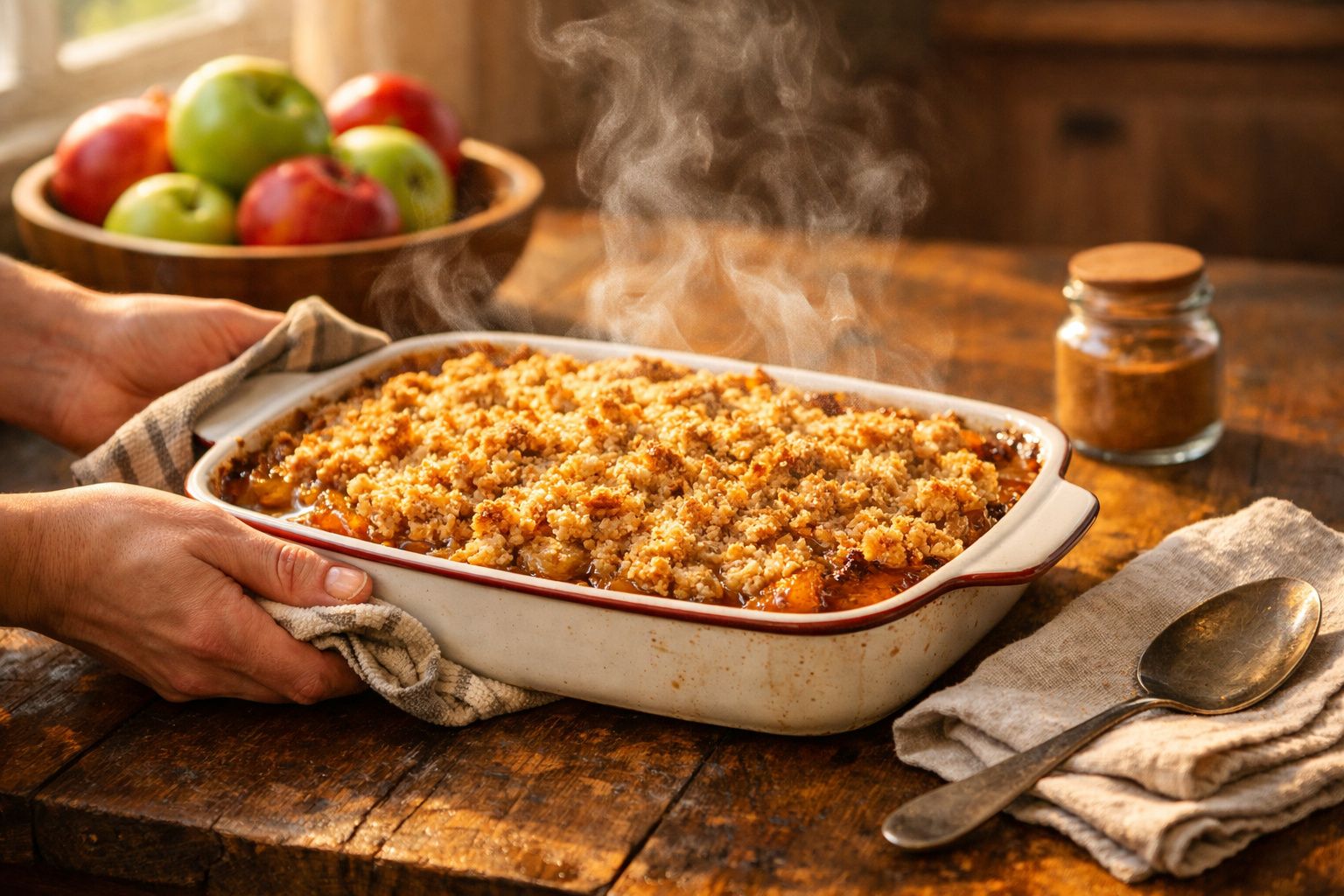 Pessoa segurando um tabuleiro com crumble de maçã fumegante sobre mesa de madeira rústica.