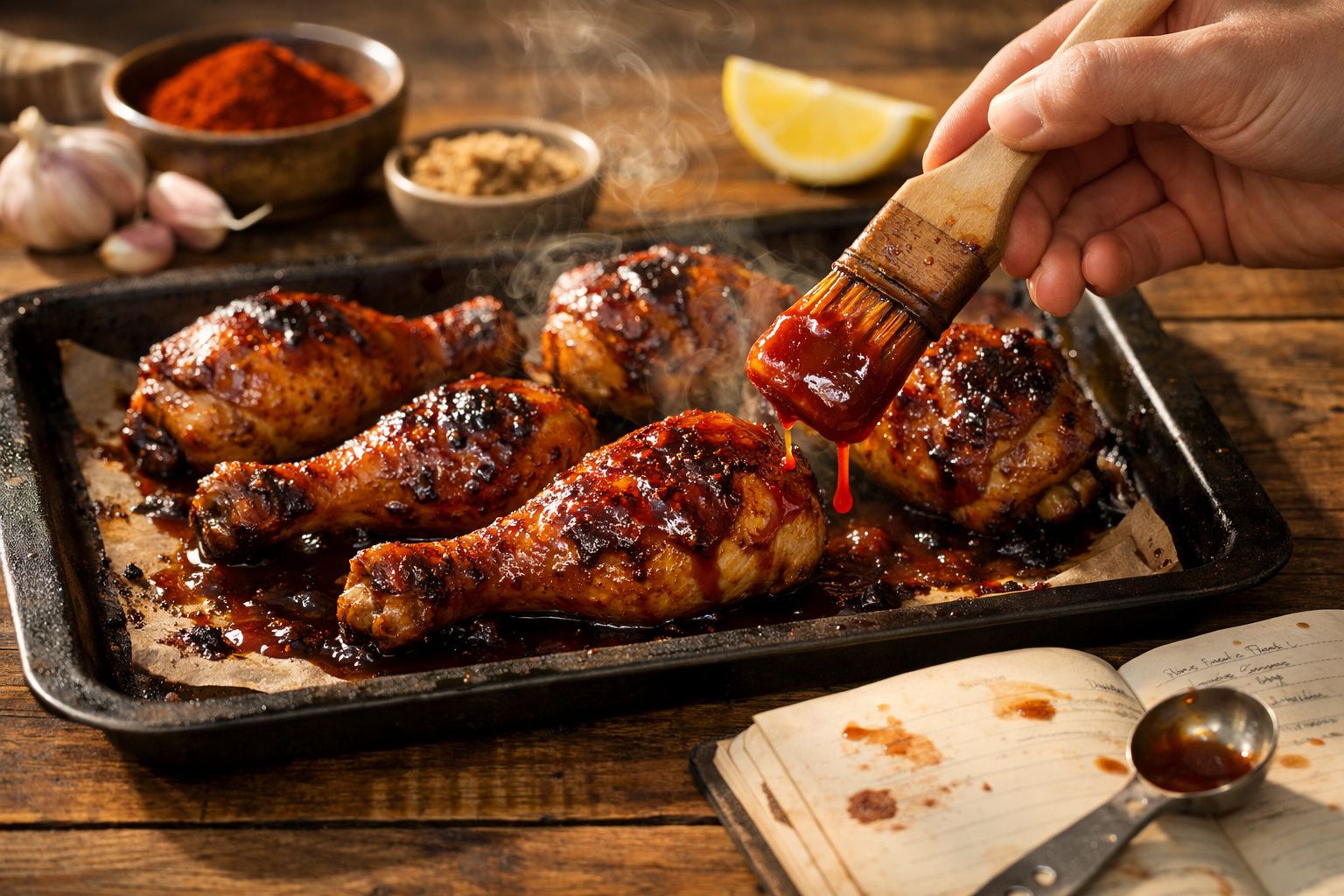 Coxas de frango grelhadas a serem pinceladas com molho barbecue numa assadeira com especiarias ao fundo.