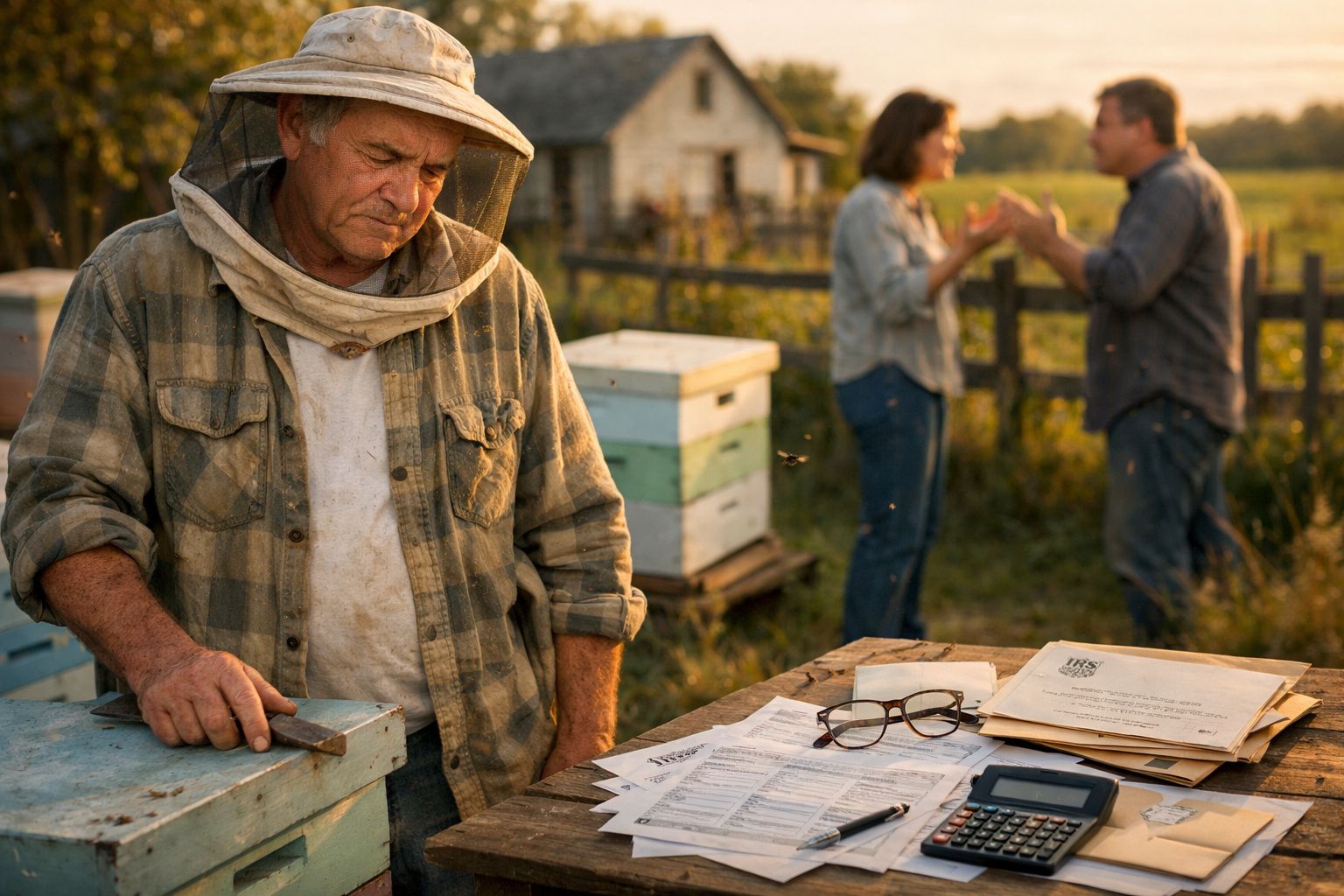 Apicultor com equipamento de proteção junto a colmeias, enquanto casal discute ao fundo numa quinta rural.