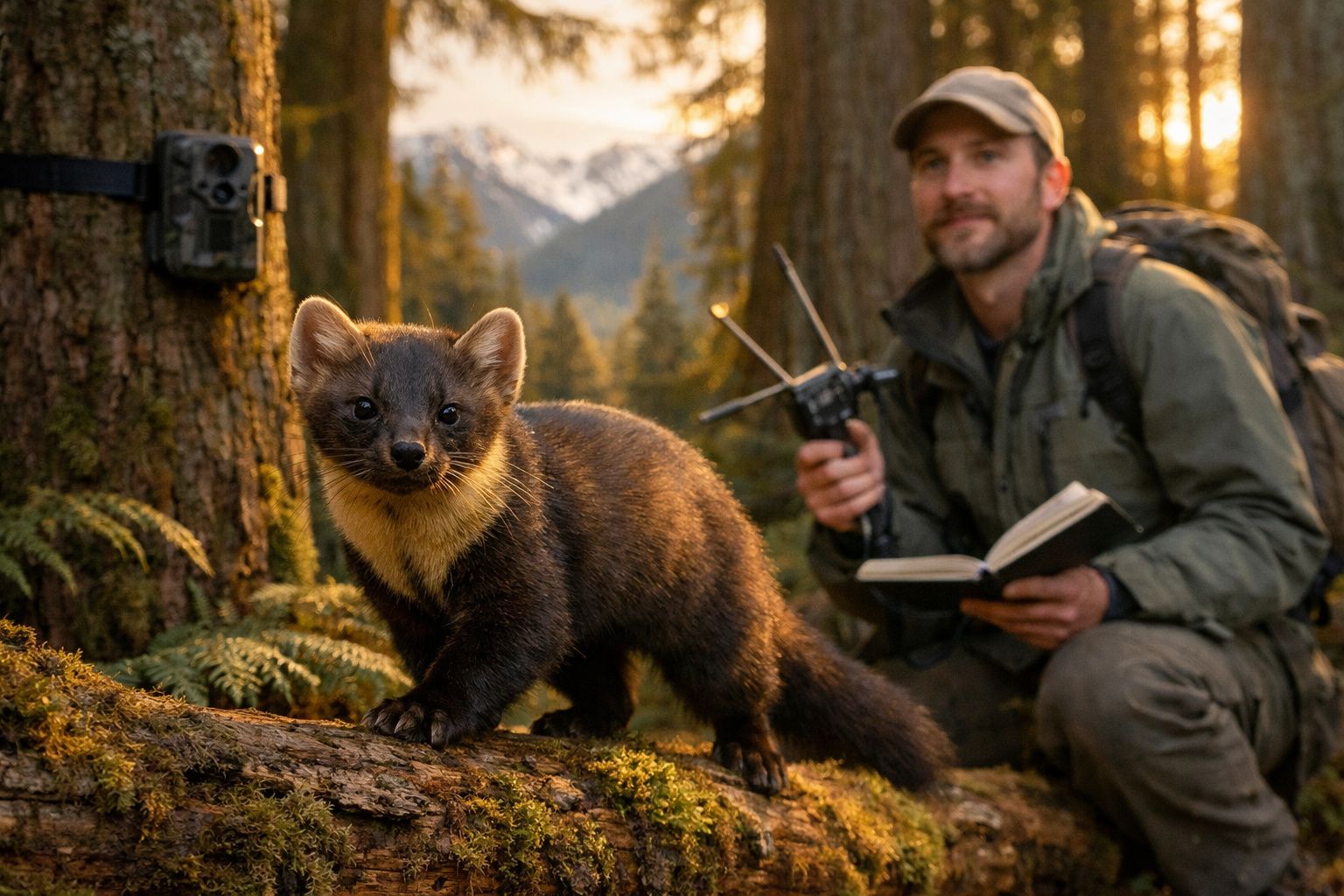 Marta sobre tronco na floresta com investigador ambiental ao fundo e câmera de monitorização na árvore.
