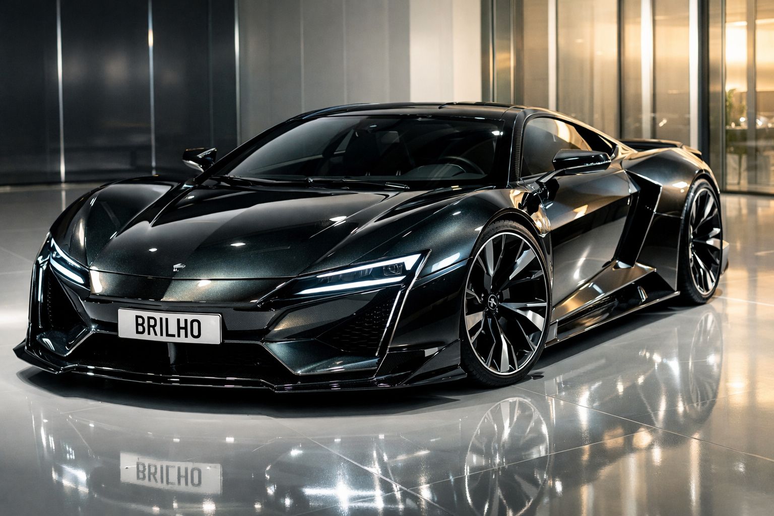 Carro desportivo preto com design aerodinâmico e matrícula personalizada com a palavra "BRILHO".