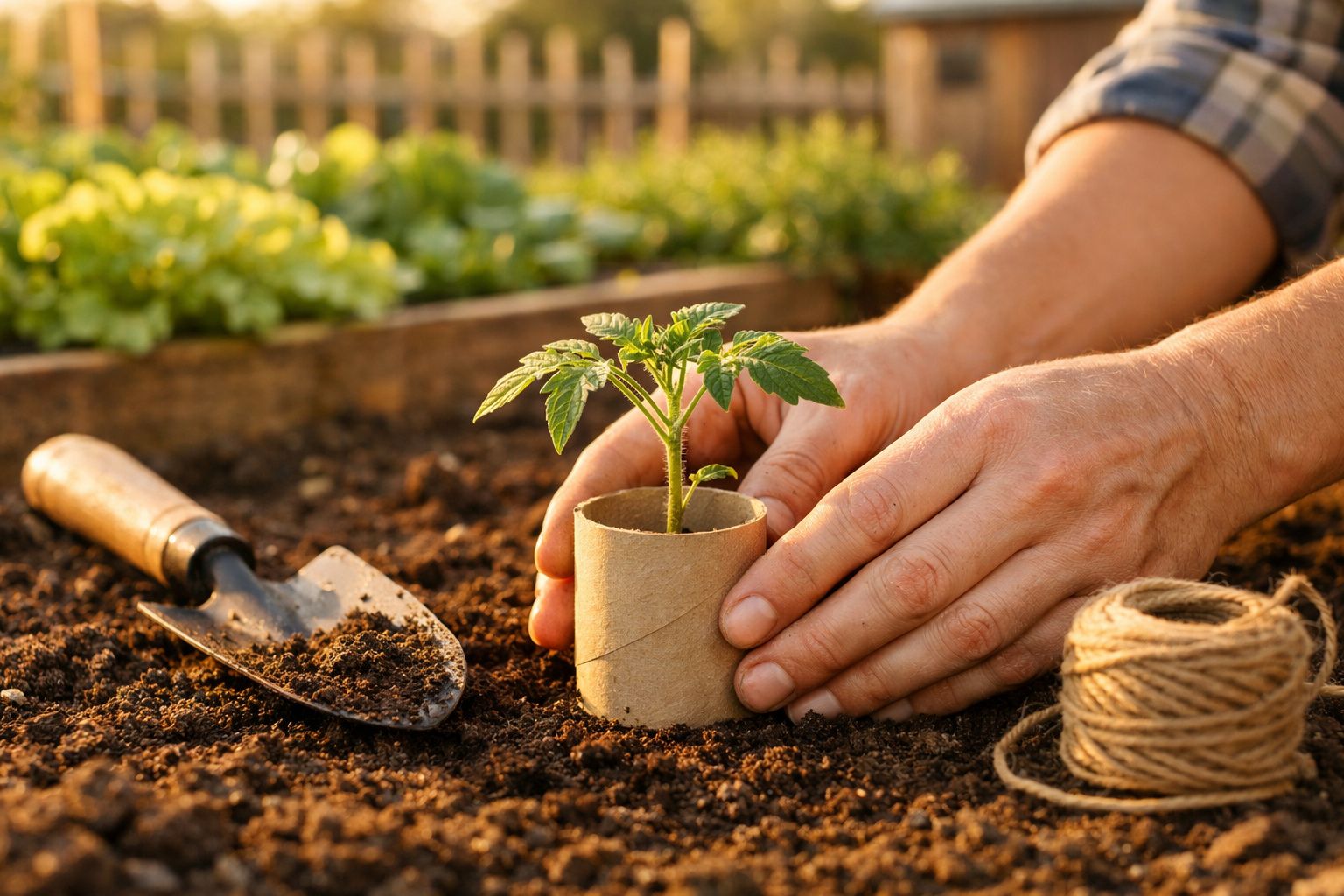 Mãos plantando uma muda de tomate num vaso biodegradável no solo de um jardim, com enxada e corda.