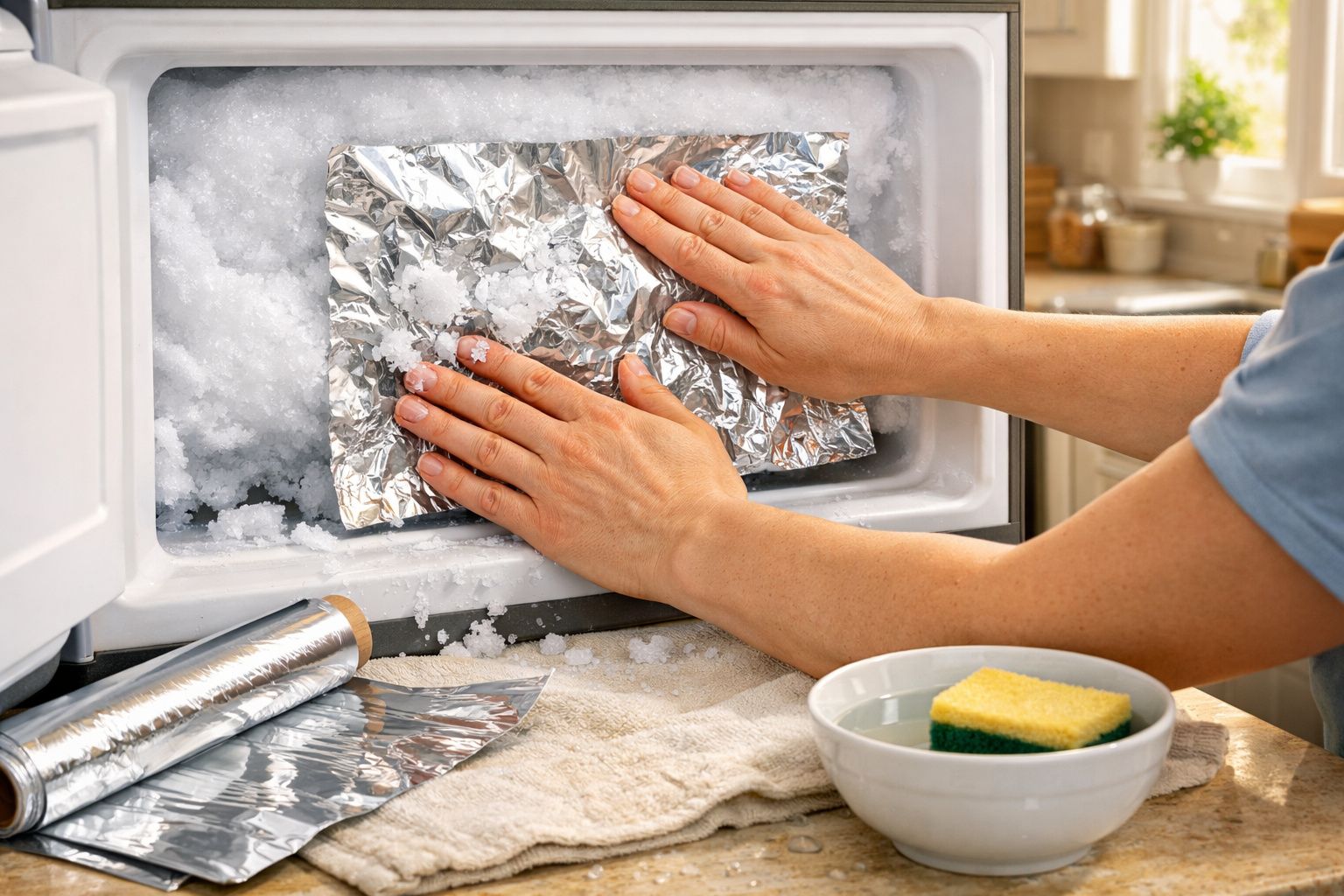 Mãos a forrar o interior congelador com papel de alumínio para facilitar limpeza do gelo acumulado.