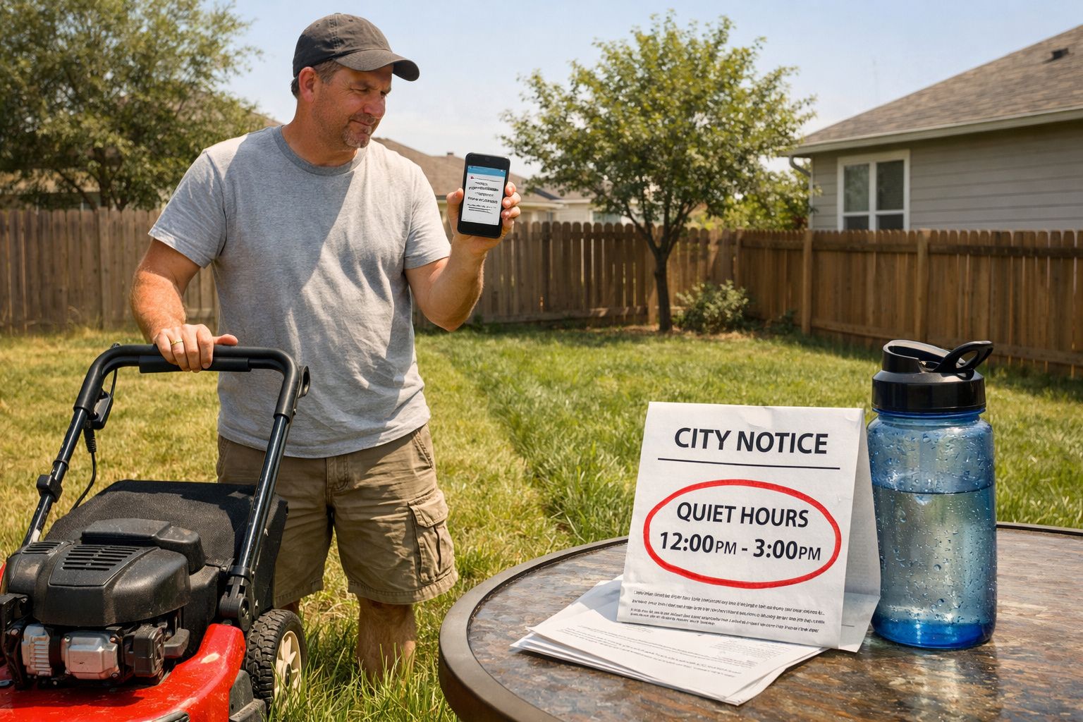 Homem a cortar relva mostra mensagem de aviso da cidade sobre horas de silêncio no jardim.