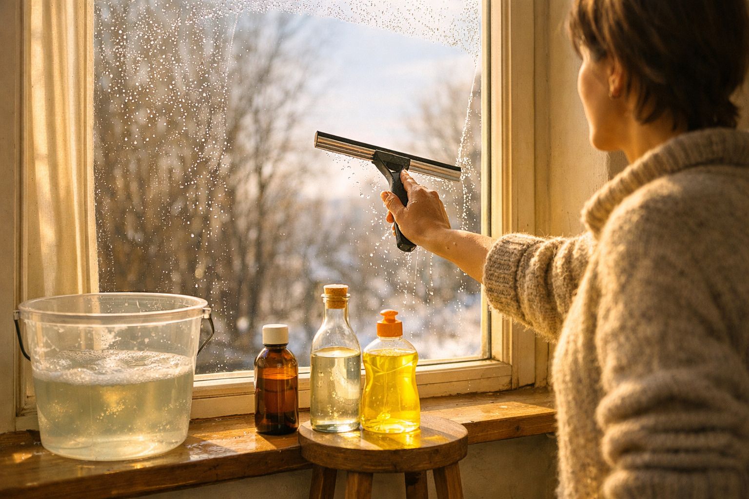 Pessoa a limpar vidro de janela com rodo e detergentes numa tarde de inverno.