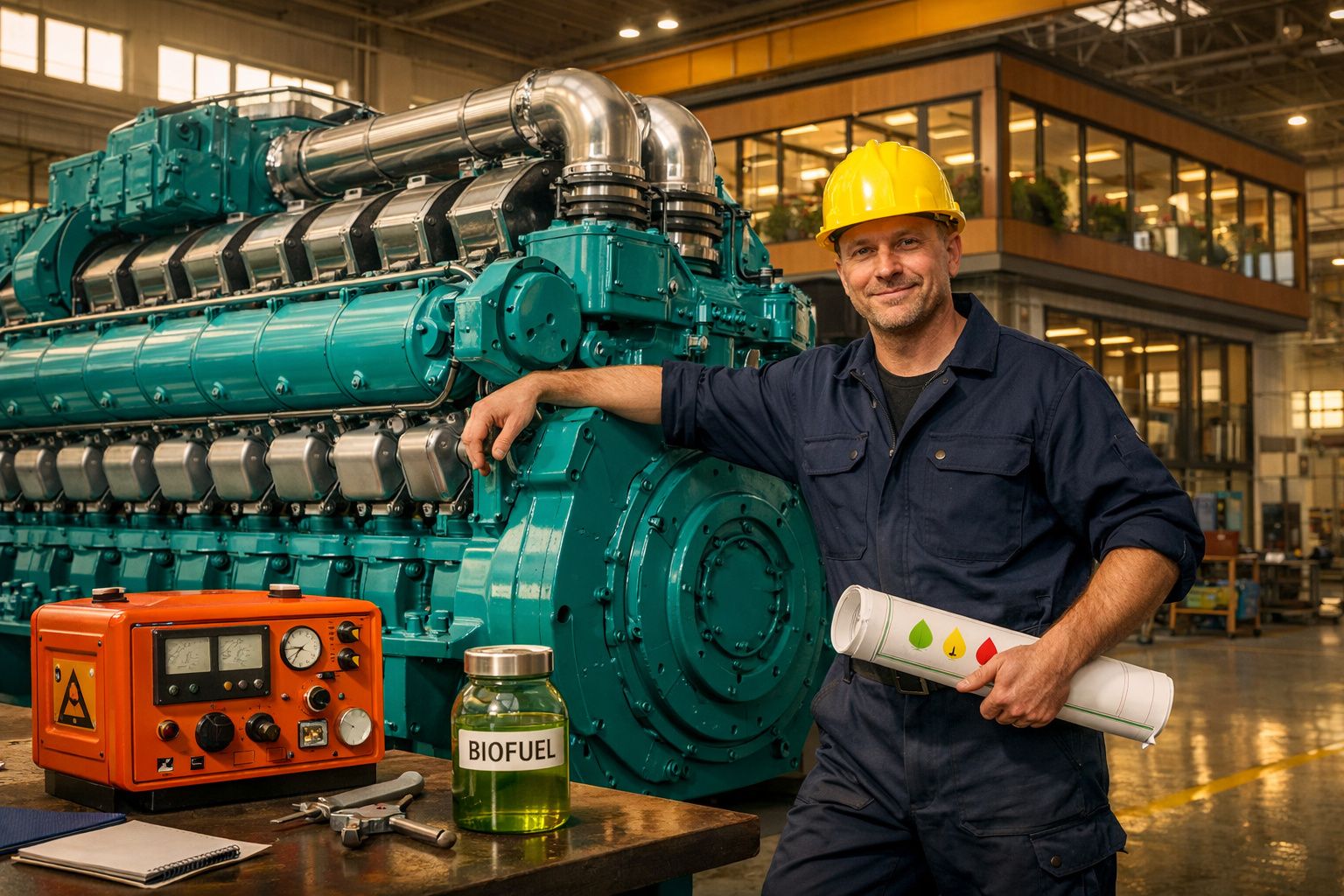 Homem com capacete amarelo junto a máquina industrial grande e frasco rotulado "Biofuel" numa fábrica.