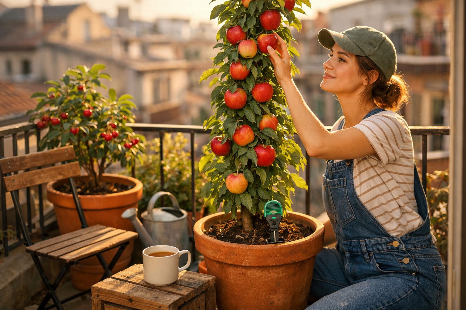 Mulher a apanhar maçãs de vaso grande num terraço ensolarado com café e regador ao lado.