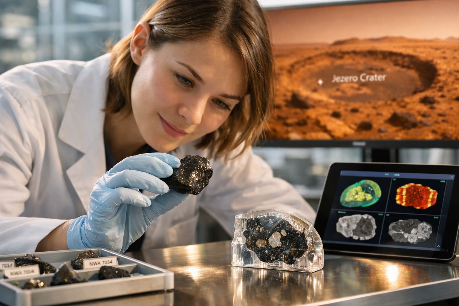 Cientista examina uma rocha meteorítica em laboratório com imagens do meteorito Jezero Crater ao fundo.