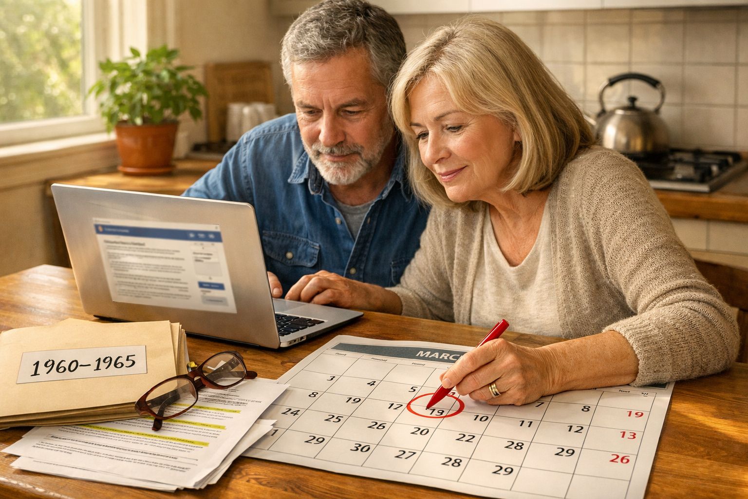 Casal sénior a planear uma data marcada num calendário, com computador portátil e documentos na mesa.