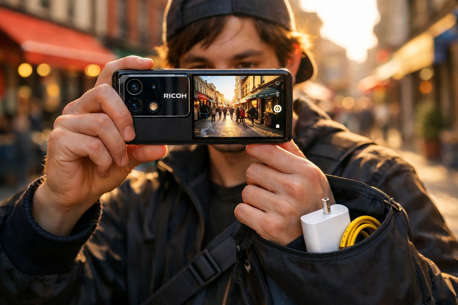 Pessoa a tirar foto numa rua movimentada ao pôr do sol com smartphone Ricoh dobrável.