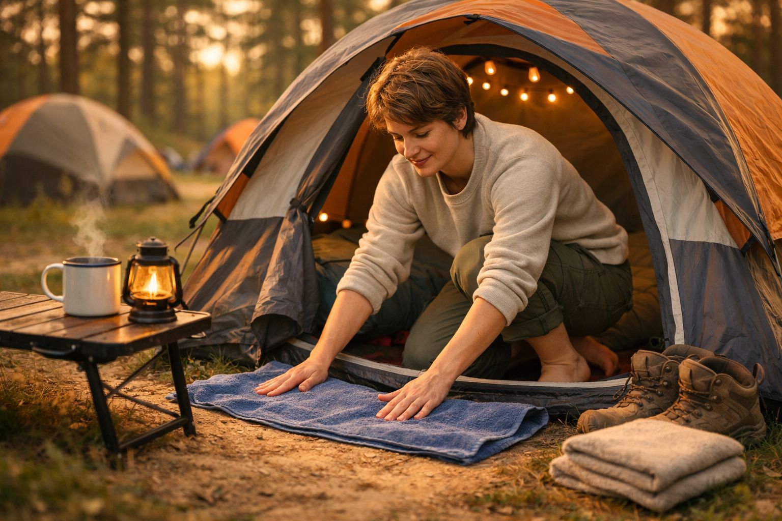 Pessoa a organizar toalha na entrada de tenda de campismo ao ar livre com botas e equipamentos próximos.