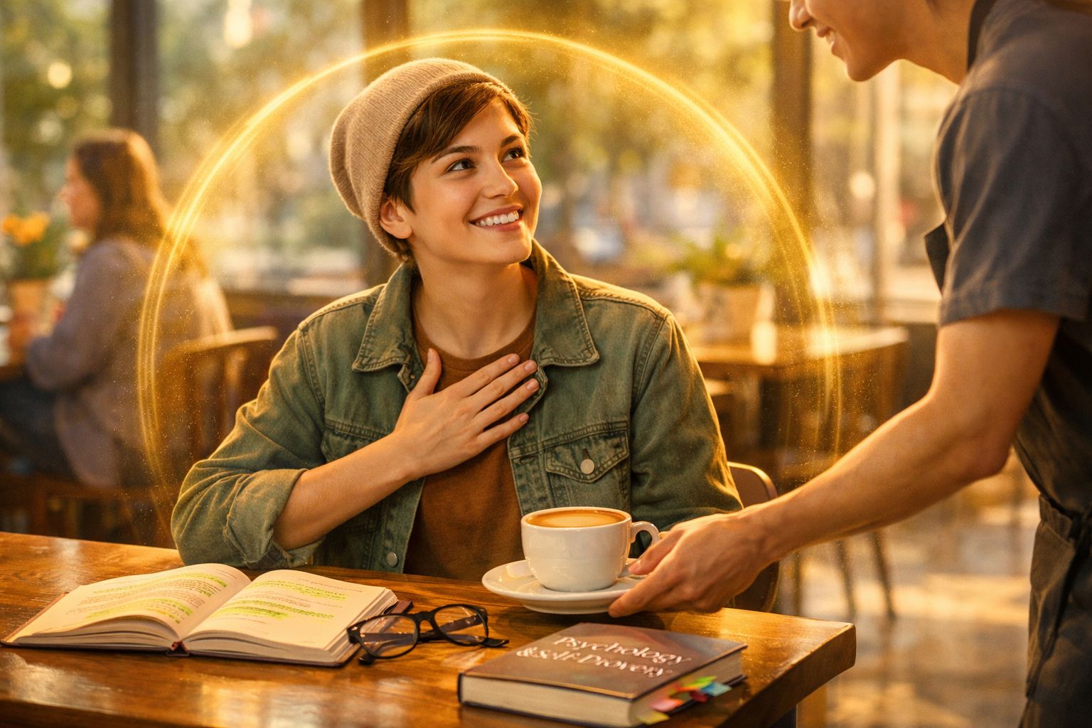 Jovem sorridente recebe café servido por empregado numa cafetaria, com livro aberto e óculos na mesa.