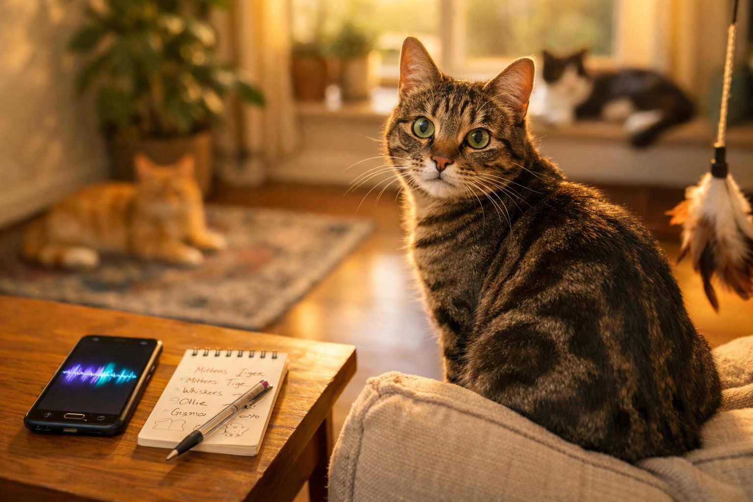 Gato tigrado sentado num sofá com dois outros gatos desfocados ao fundo e um telemóvel e bloco de notas sobre uma mesa.