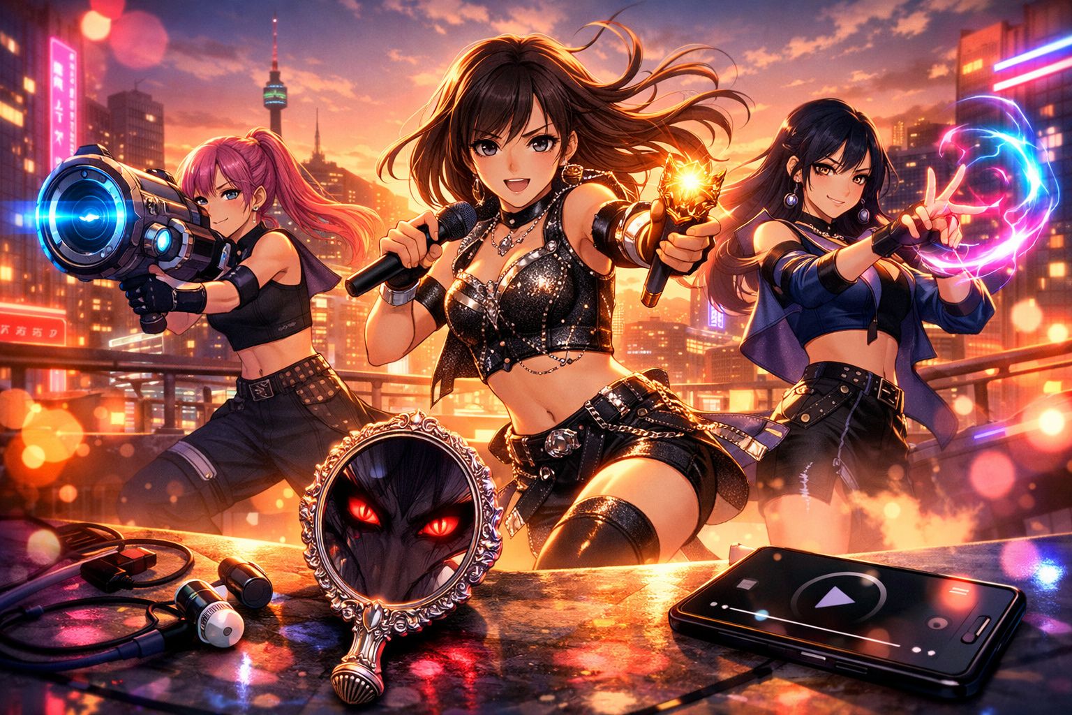 Três personagens femininas em estilo anime numa cidade ao pôr do sol com armas, magia e microfone.
