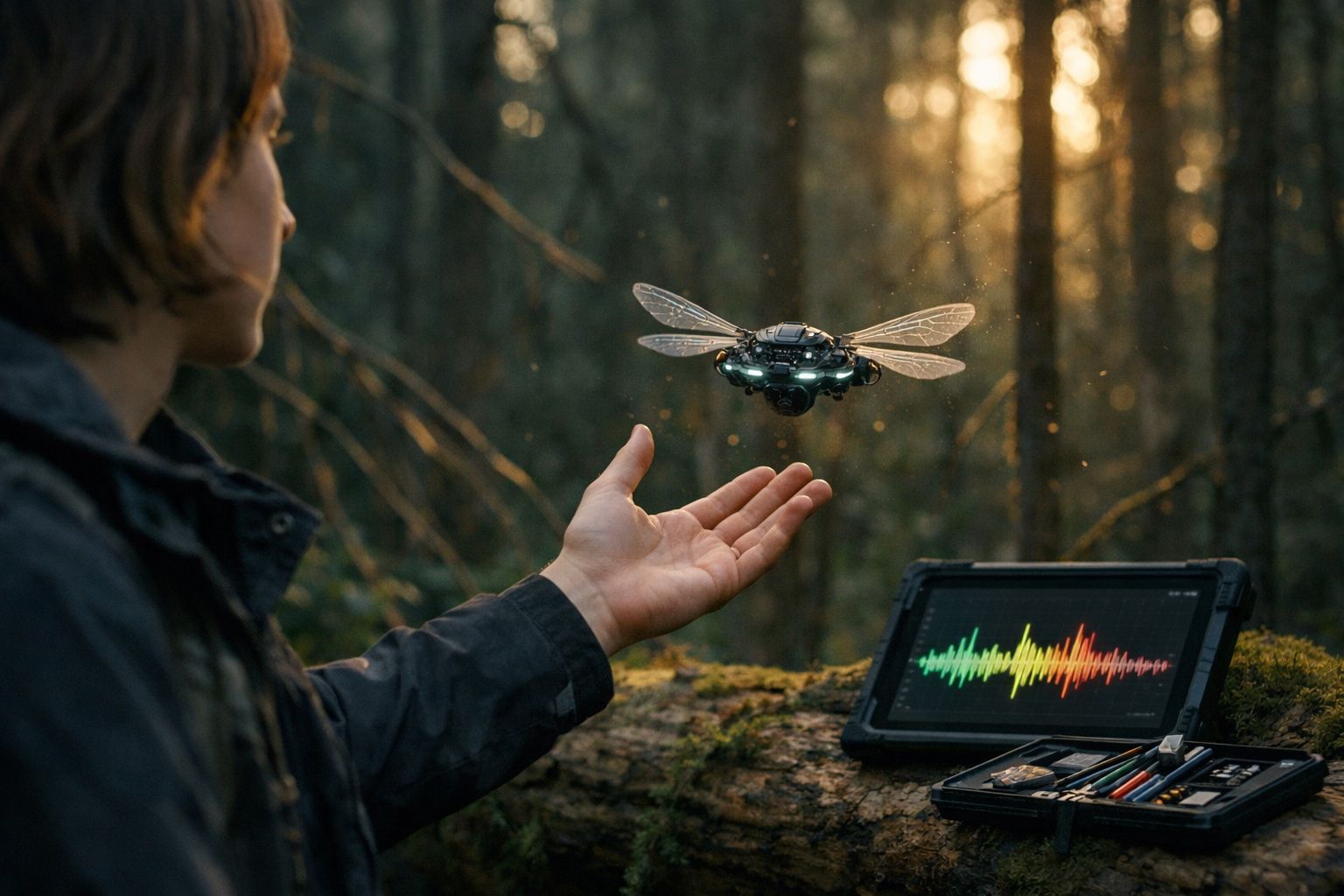 Pessoa interagindo com drone em forma de libélula numa floresta, à frente de tablet com gráfico de som colorido.