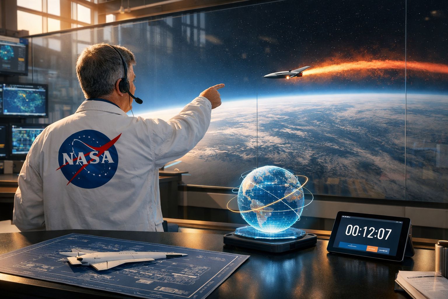 Técnico da NASA aponta para um míssil a sobrevoar a Terra, com gráfico digital e cronómetro na mesa.