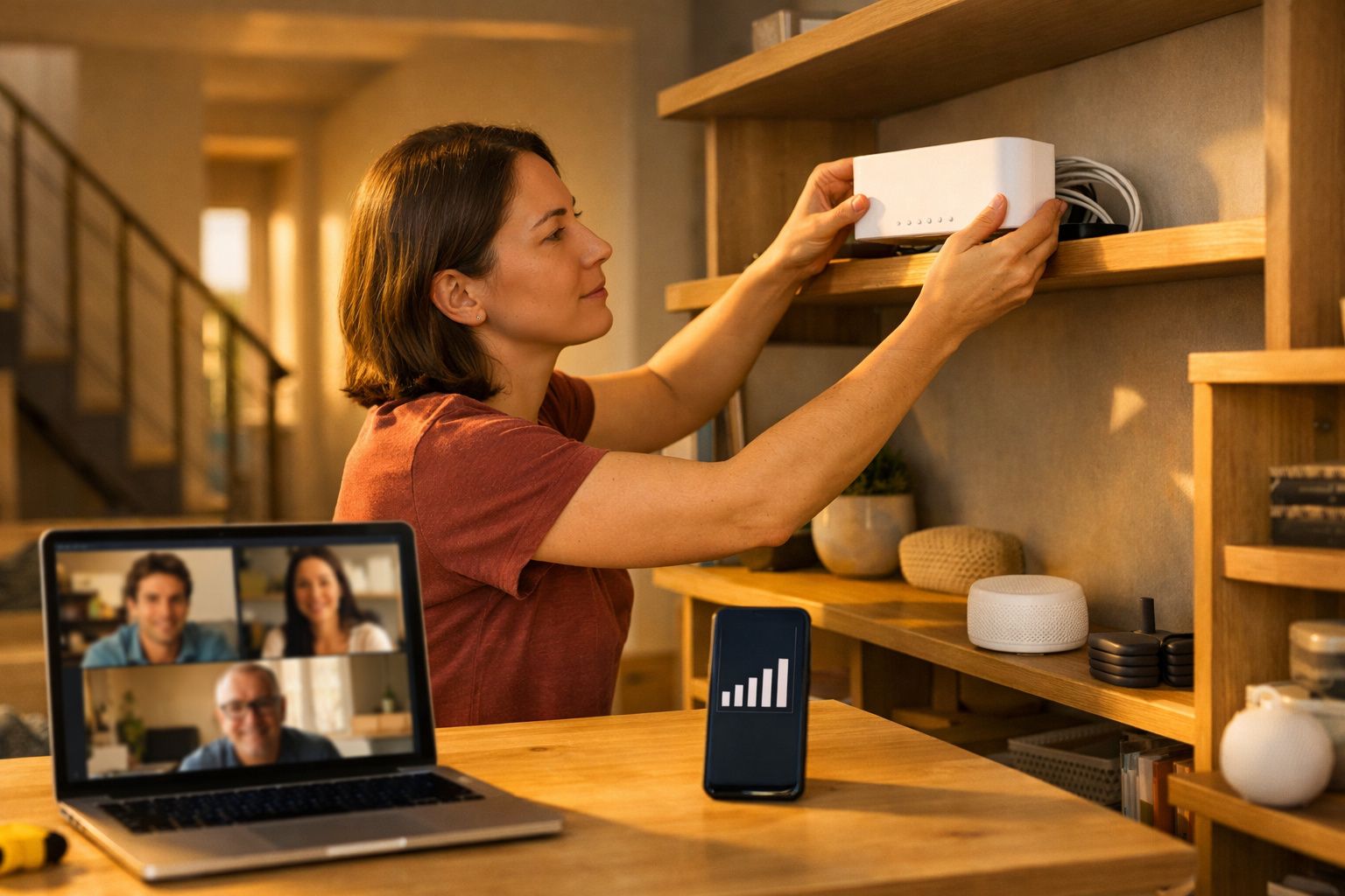 Mulher ajusta router numa prateleira, com telemóvel e computador em videochamada numa mesa à frente.