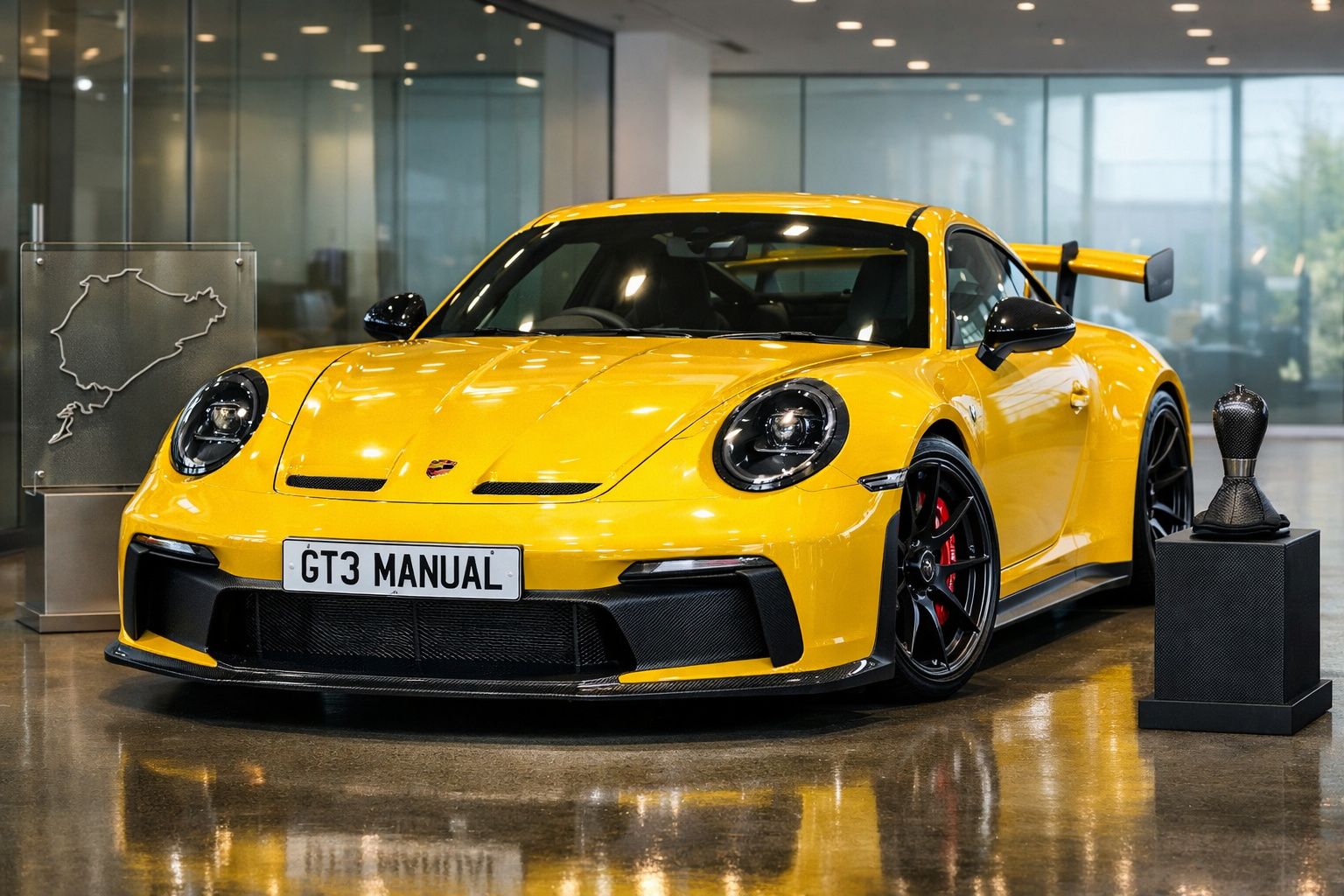 Carro desportivo amarelo Porsche GT3 Manual em exposição interior com volante de competição ao lado.