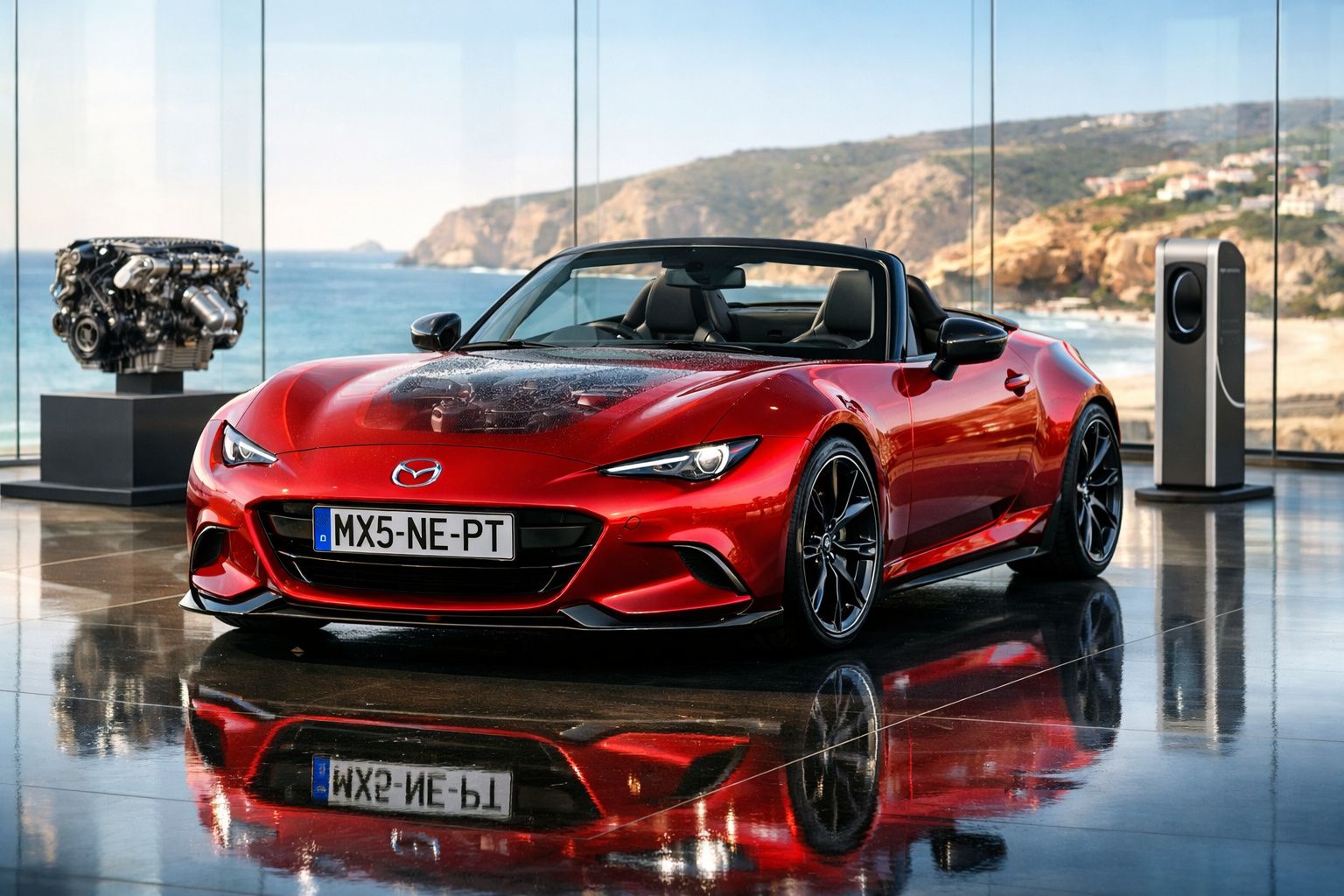 Carro desportivo vermelho Mazda MX-5 cabrio em showroom com vista para o mar e carregador elétrico.