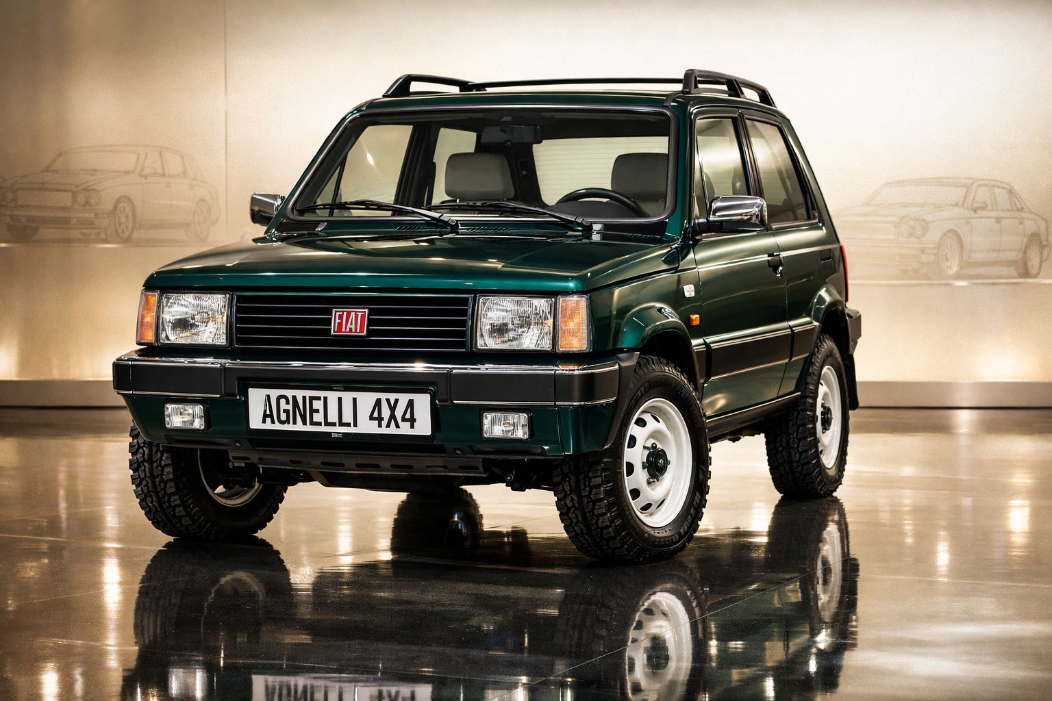 Automóvel Fiat Agnelli 4x4 verde escuro, em exibição num piso refletor, com fundo bege e desenhos de carros.