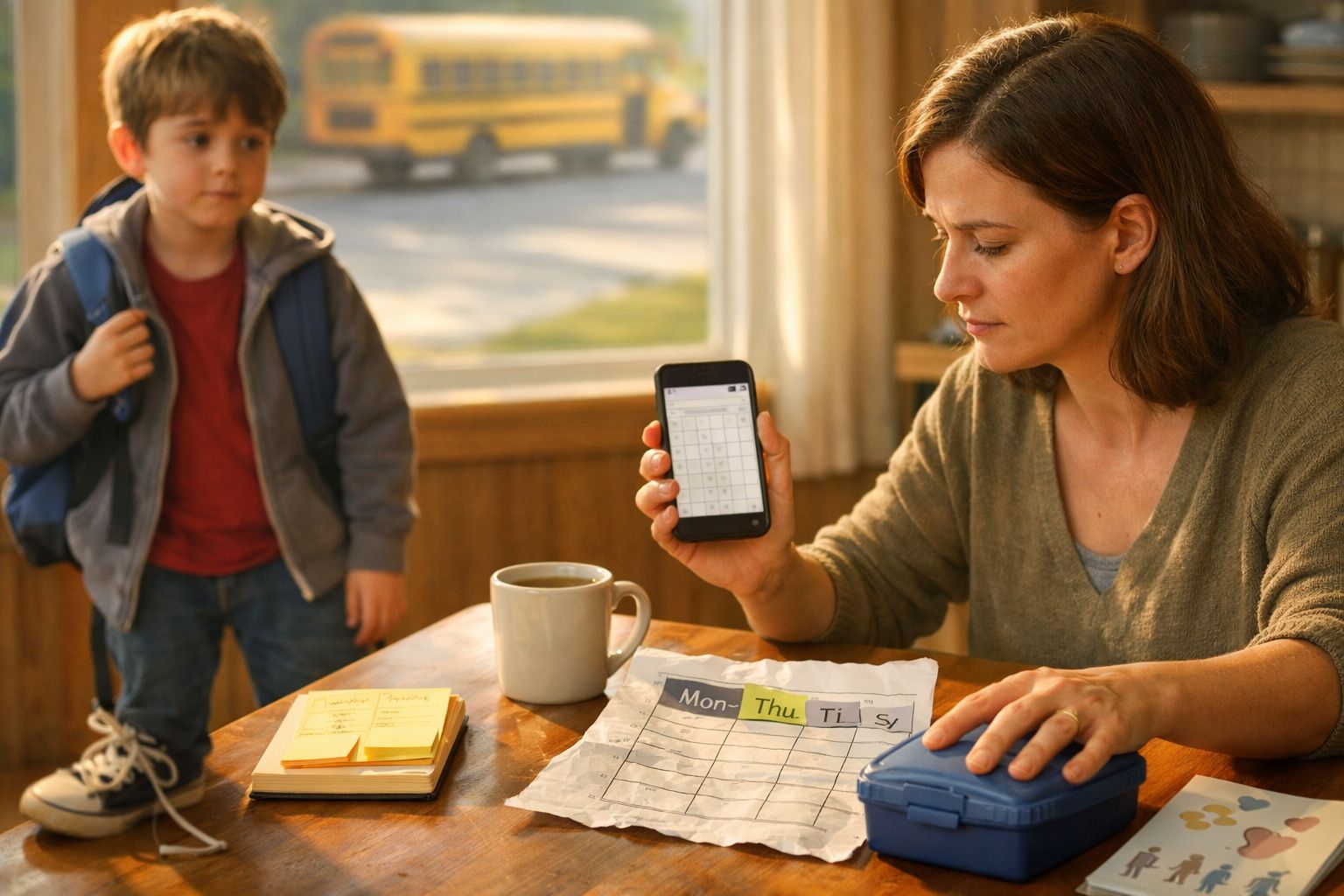 Mulher mostra app de calendário no telemóvel a menino, com mesa e autocarro escolar ao fundo.