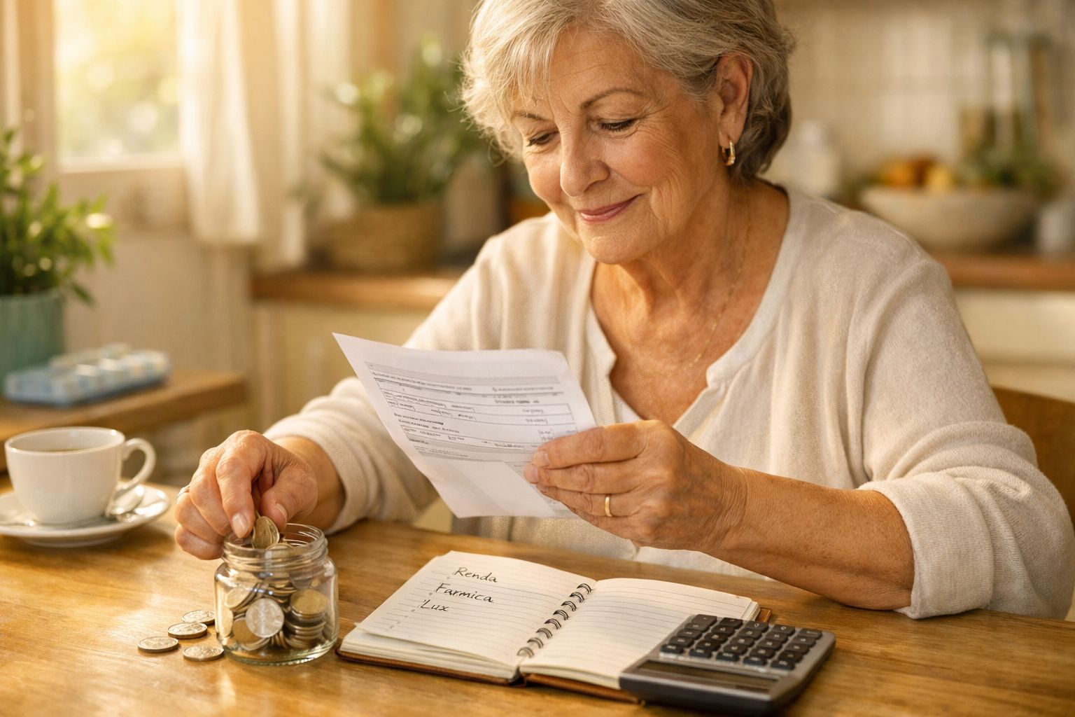 Mulher idosa a contar moedas e a analisar faturas num caderno com calculadora na mesa.