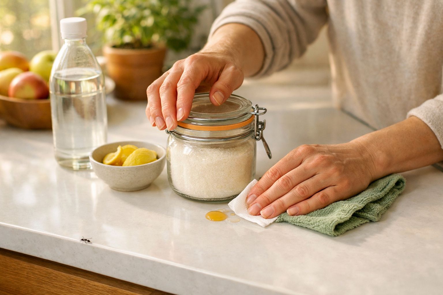 Mãos a limpar derrame de líquido num balcão de cozinha com frasco de açúcar e limões ao fundo.