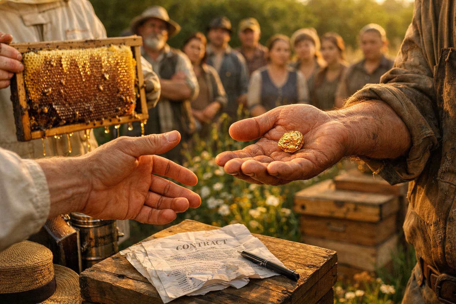 Troca entre duas pessoas com favos de mel e pepita de ouro, grupo de pessoas e contrato ao fundo.