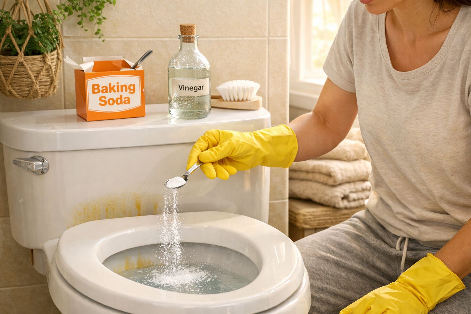 Pessoa a limpar sanita com bicarbonato de sódio e vinagre, usando luvas amarelas, em casa de banho.
