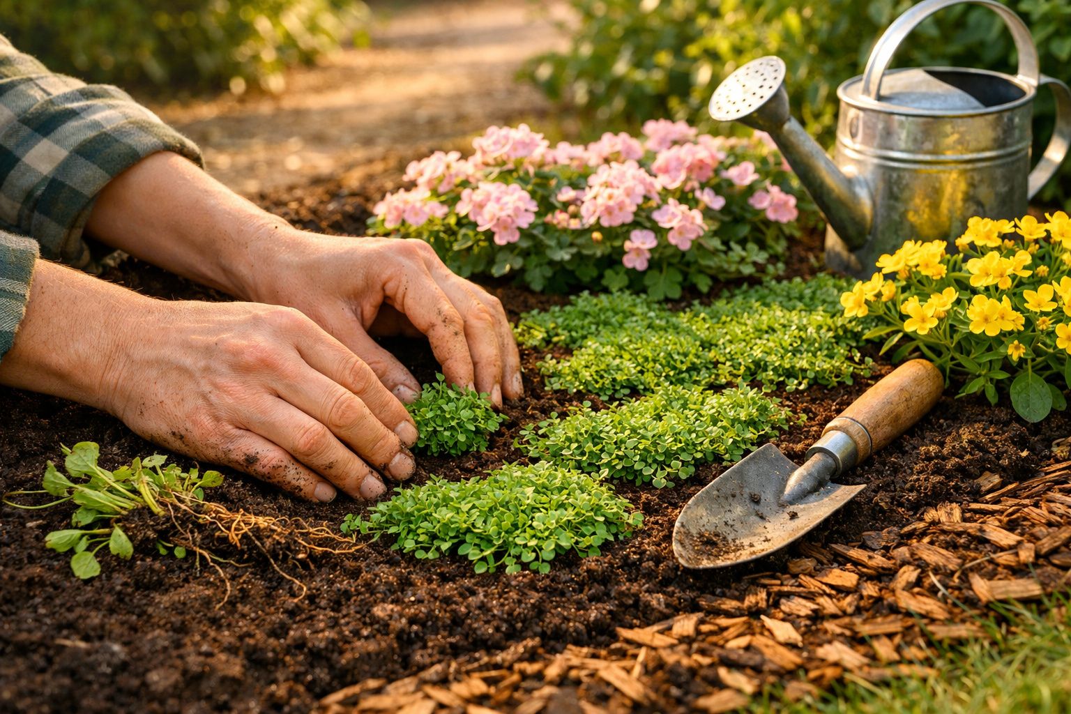Mãos a plantar pequenas ervas aromáticas em terra fértil, com regador, flores e enxada ao lado.