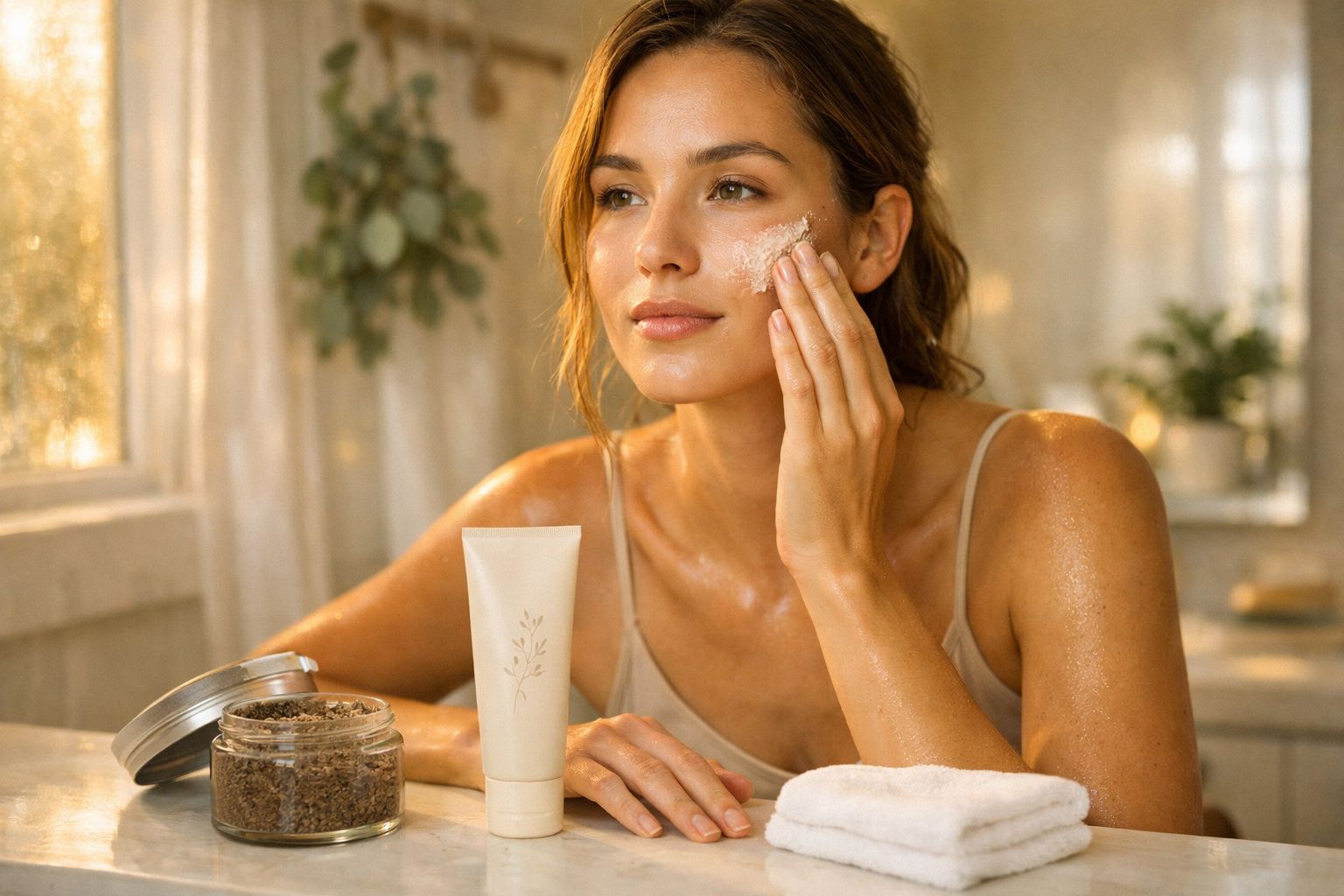 Mulher a aplicar esfoliante facial num ambiente luminoso e acolhedor com plantas ao fundo.