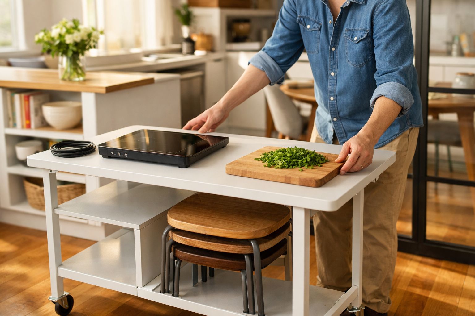Pessoa a preparar ervas frescas numa tábua de madeira numa cozinha moderna com bancada branca.