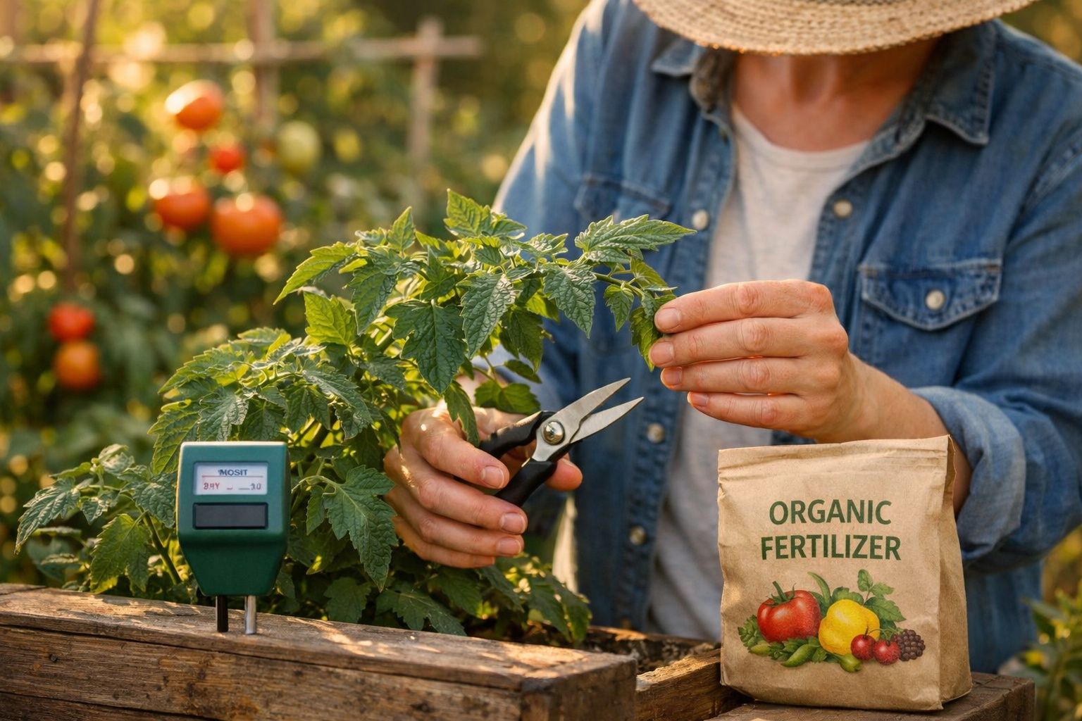 Pessoa a podar planta de tomateiro com tesoura, medidor de humidade e fertilizante orgânico ao lado.