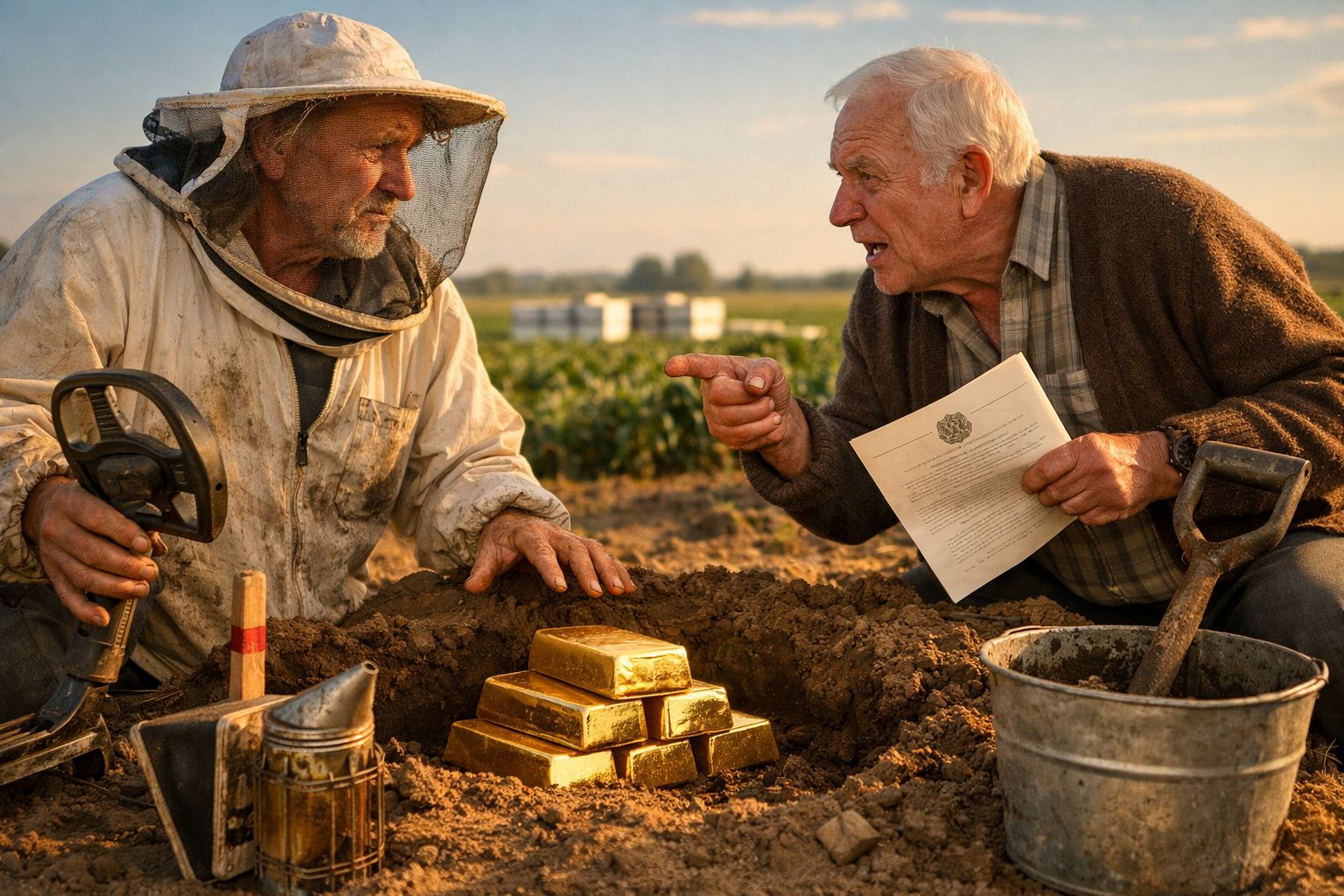 Dois homens idosos num campo, com barras de ouro enterradas na terra entre eles.