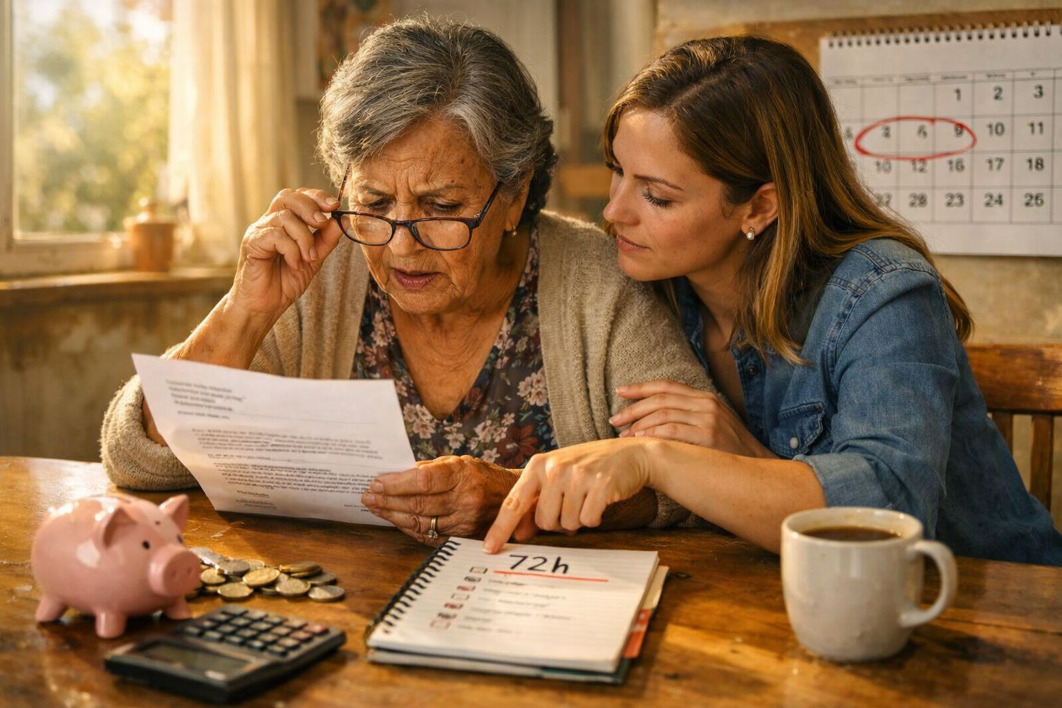 Duas mulheres a analisar documentos e planeamento financeiro com moedas, mealheiro e calendário na mesa.