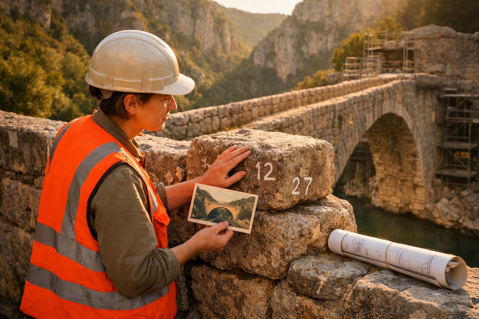 Profissional com capacete e colete laranja analisa fotografia antiga na ponte de pedra em restauro.