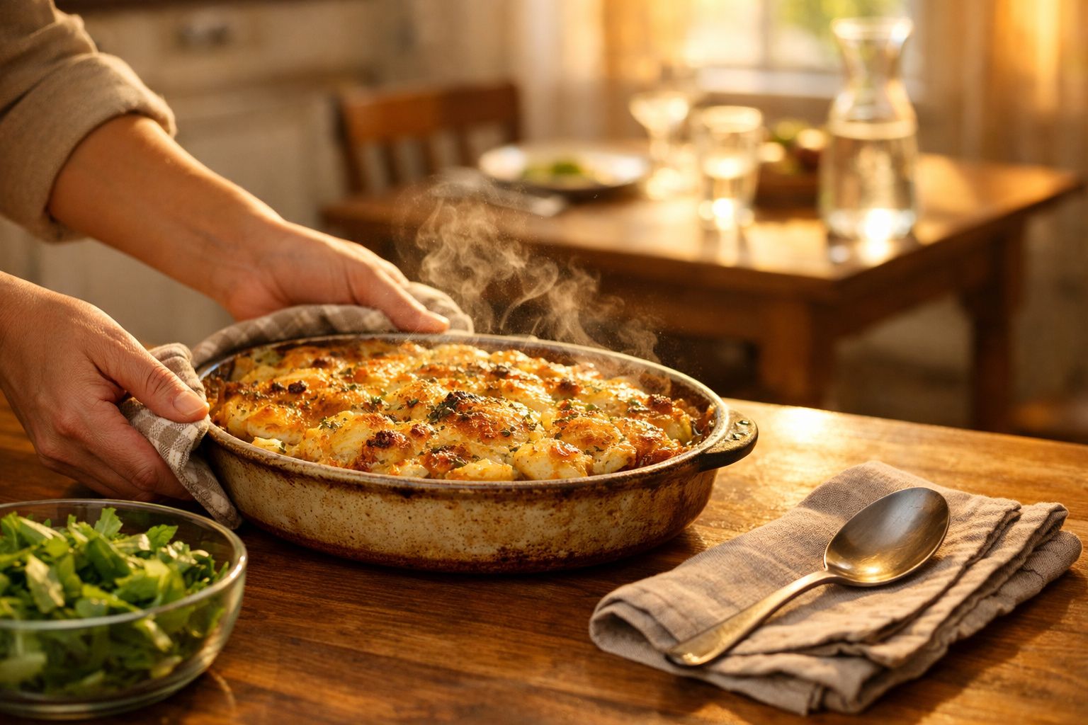 Mãos a retirar do forno caçarola fumegante com preparado gratinado, ao lado colher e salada verde.