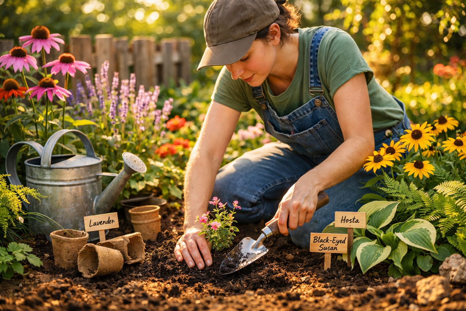 Pessoa a plantar flores num jardim com regador, etiquetas de plantas e flores coloridas ao redor.
