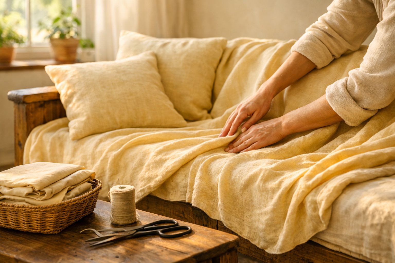 Mãos a ajustar uma manta amarela sobre um sofá com almofadas combinando, junto a mesa com tecido, tesoura e linha.