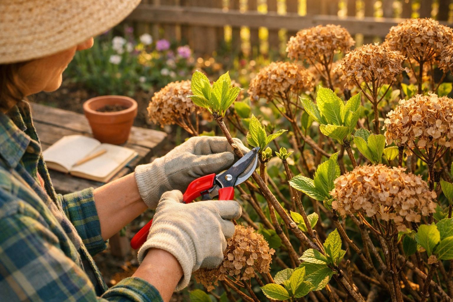 Pessoa a podar ramos de flor com luvas e tesoura de jardinagem num jardim ensolarado.