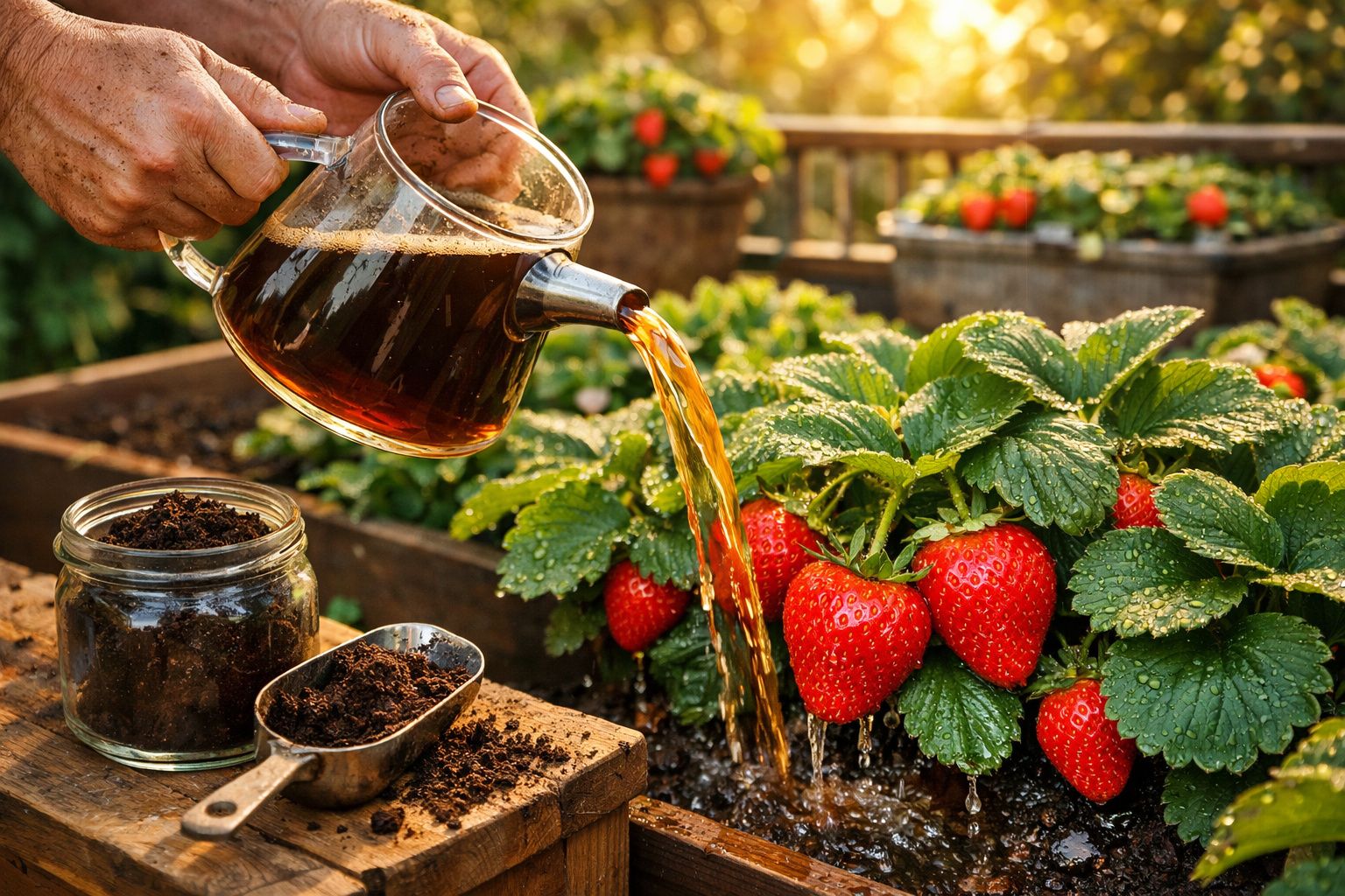 Mãos a regar plantas de morangos num jardim com água de um regador transparente ao entardecer.