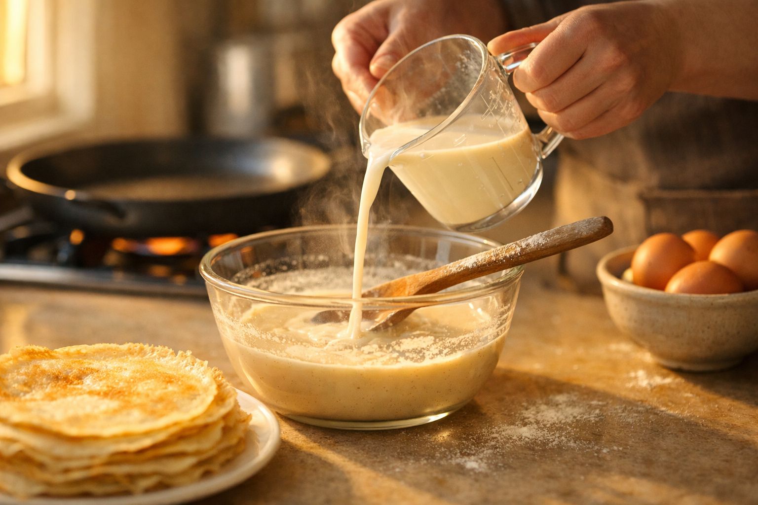 Pessoa a verter massa para panquecas numa taça de vidro numa cozinha com ovos e panquecas já feitas.