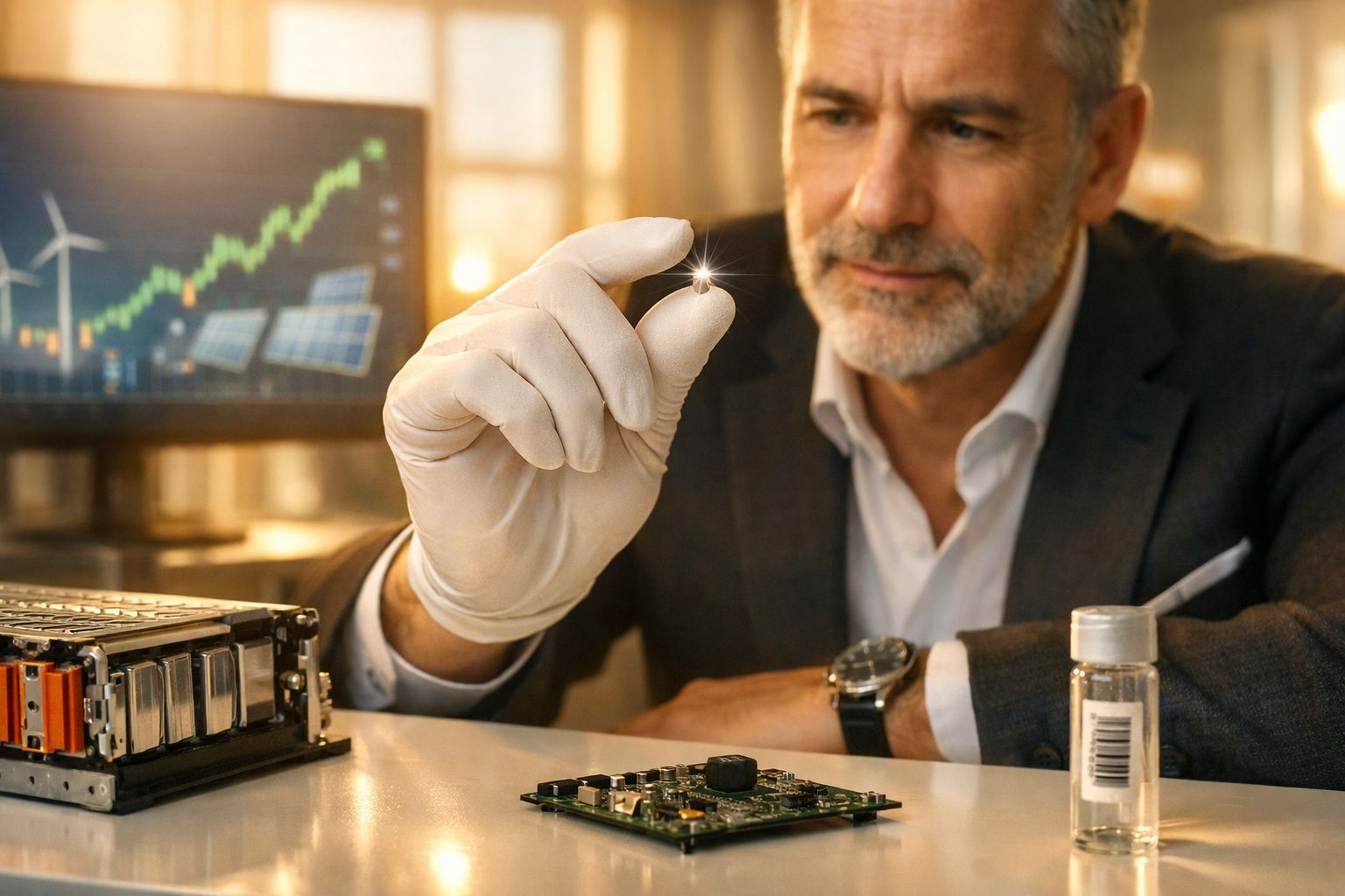 Homem com luva segura minúsculo componente tecnológico brilhante, com placas e gráfico sustentável ao fundo.