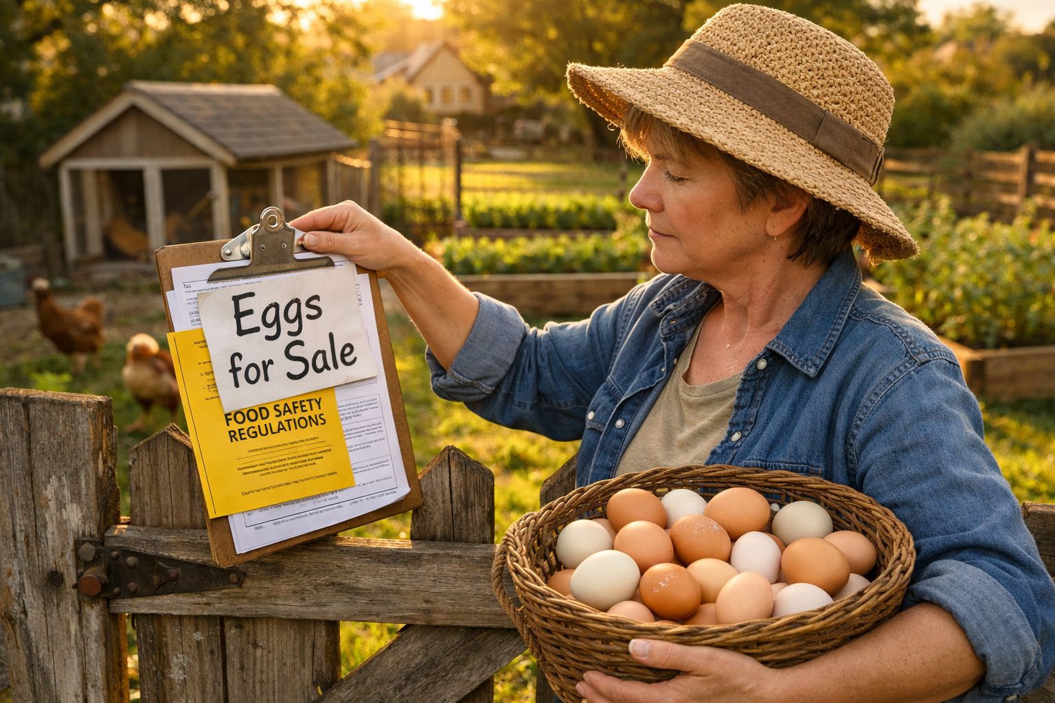 Mulher com chapéu segura cesta de ovos e placa de venda de ovos num quintal com galinhas ao fundo.
