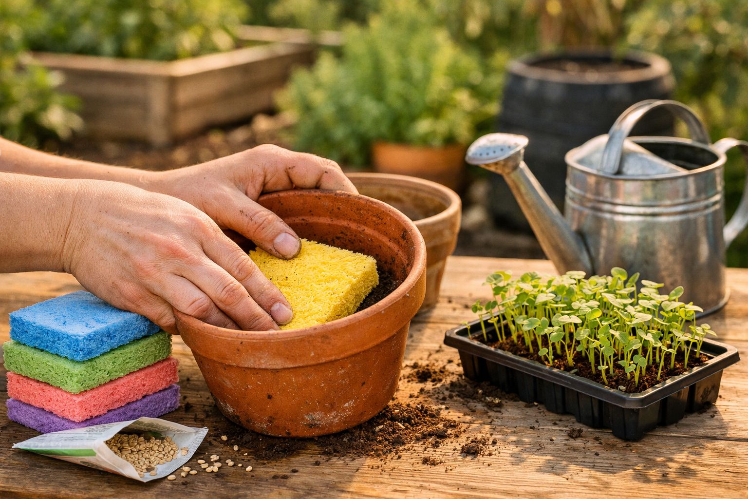 Mãos colocam uma esponja num vaso de barro, ao lado de mudas, terra, sementes e um regador metálico.