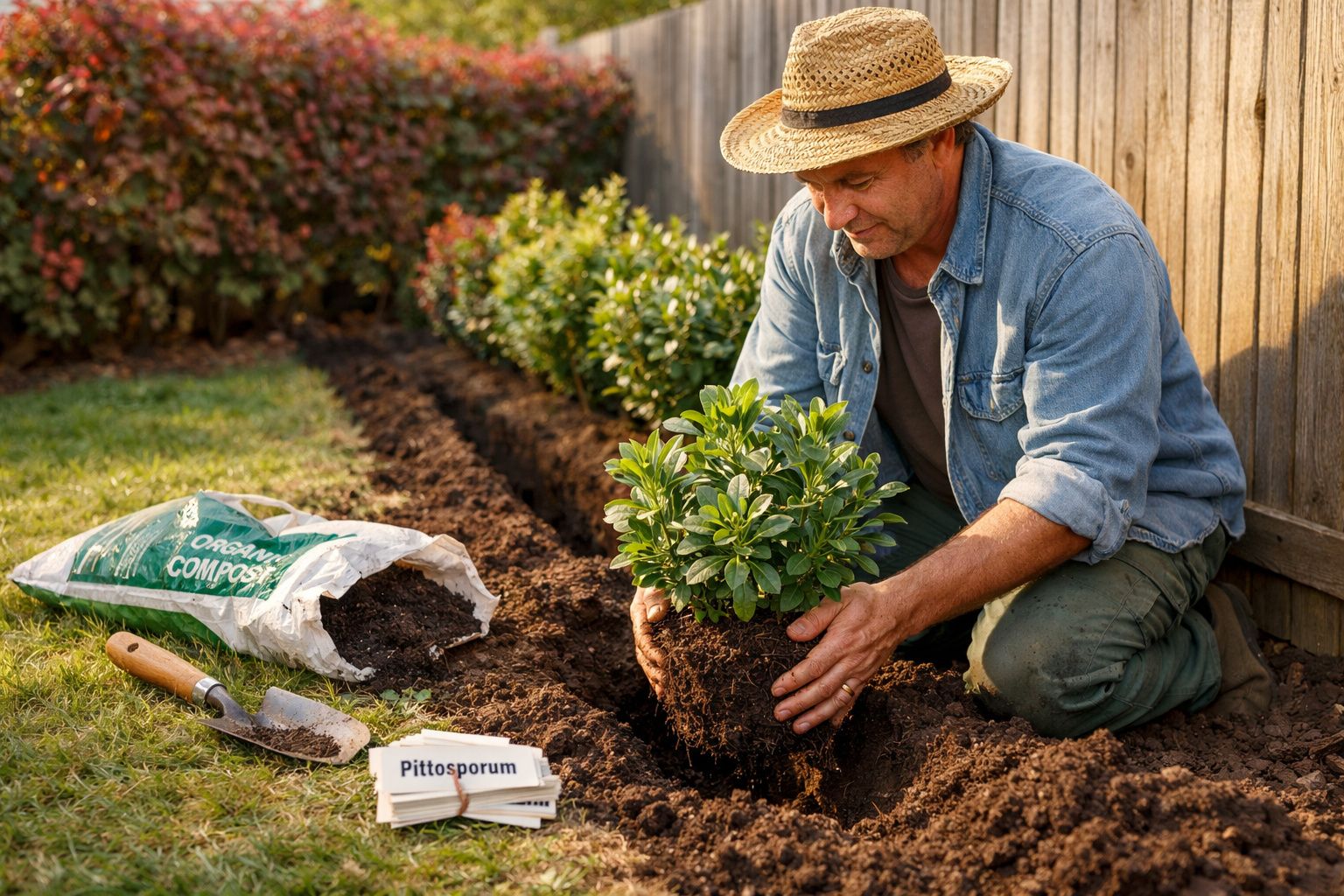 Homem a plantar arbusto Pittosporum em jardim com composto orgânico e enxada ao lado.